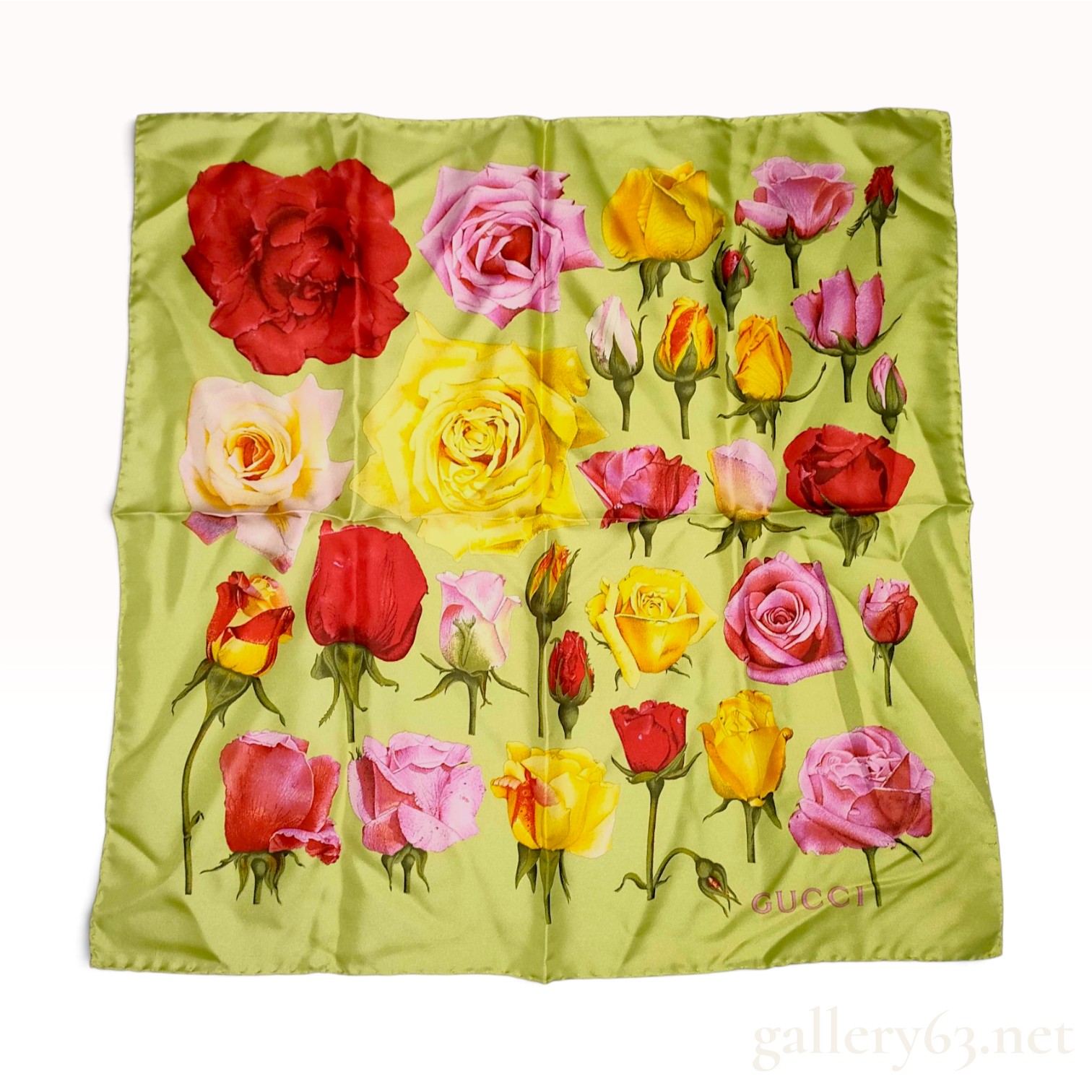 Vintage Gucci Silk Rose Pattern Pocket Square Scarf