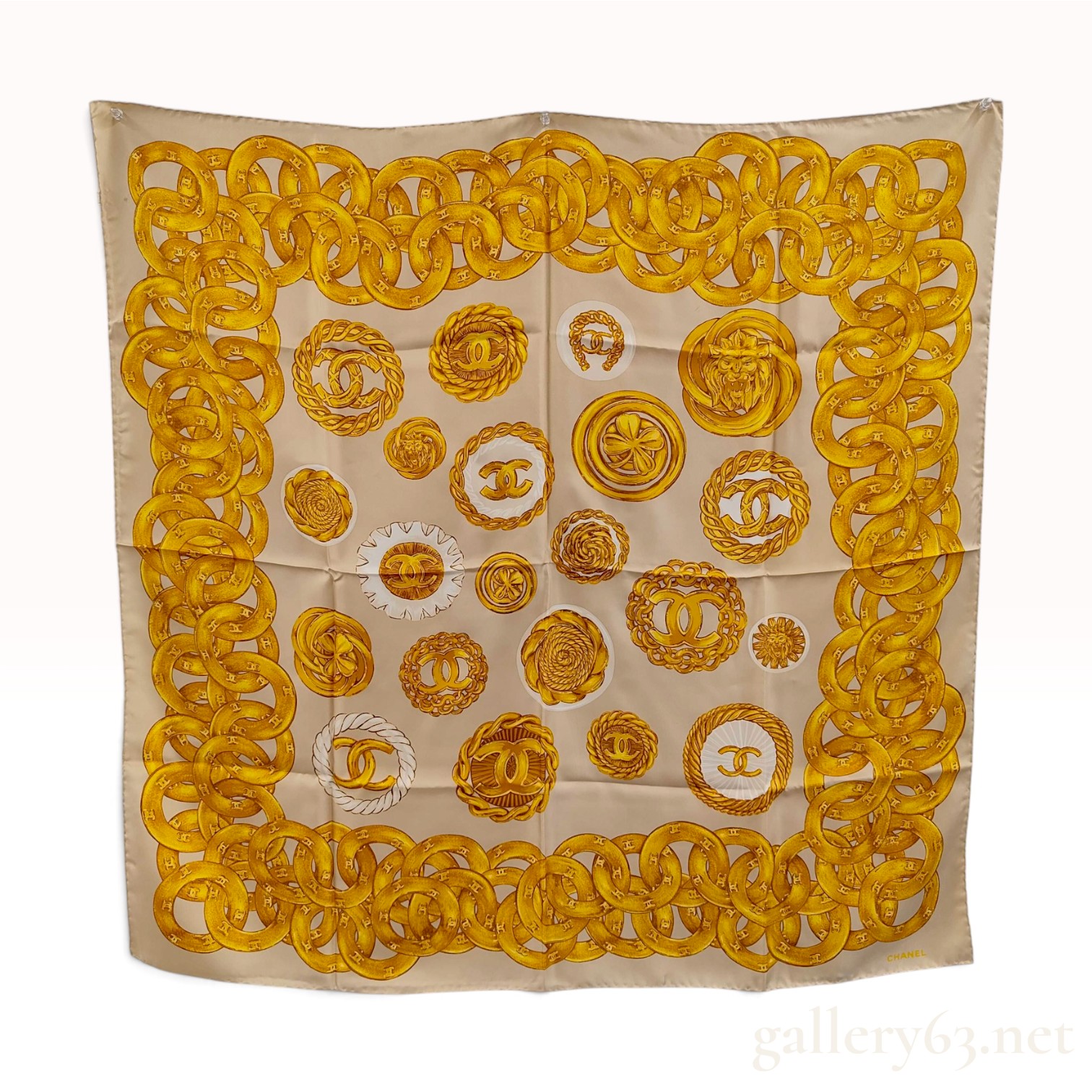 Chanel Vintage Gold-Tone Jewelry and Button Motif Silk Scarf