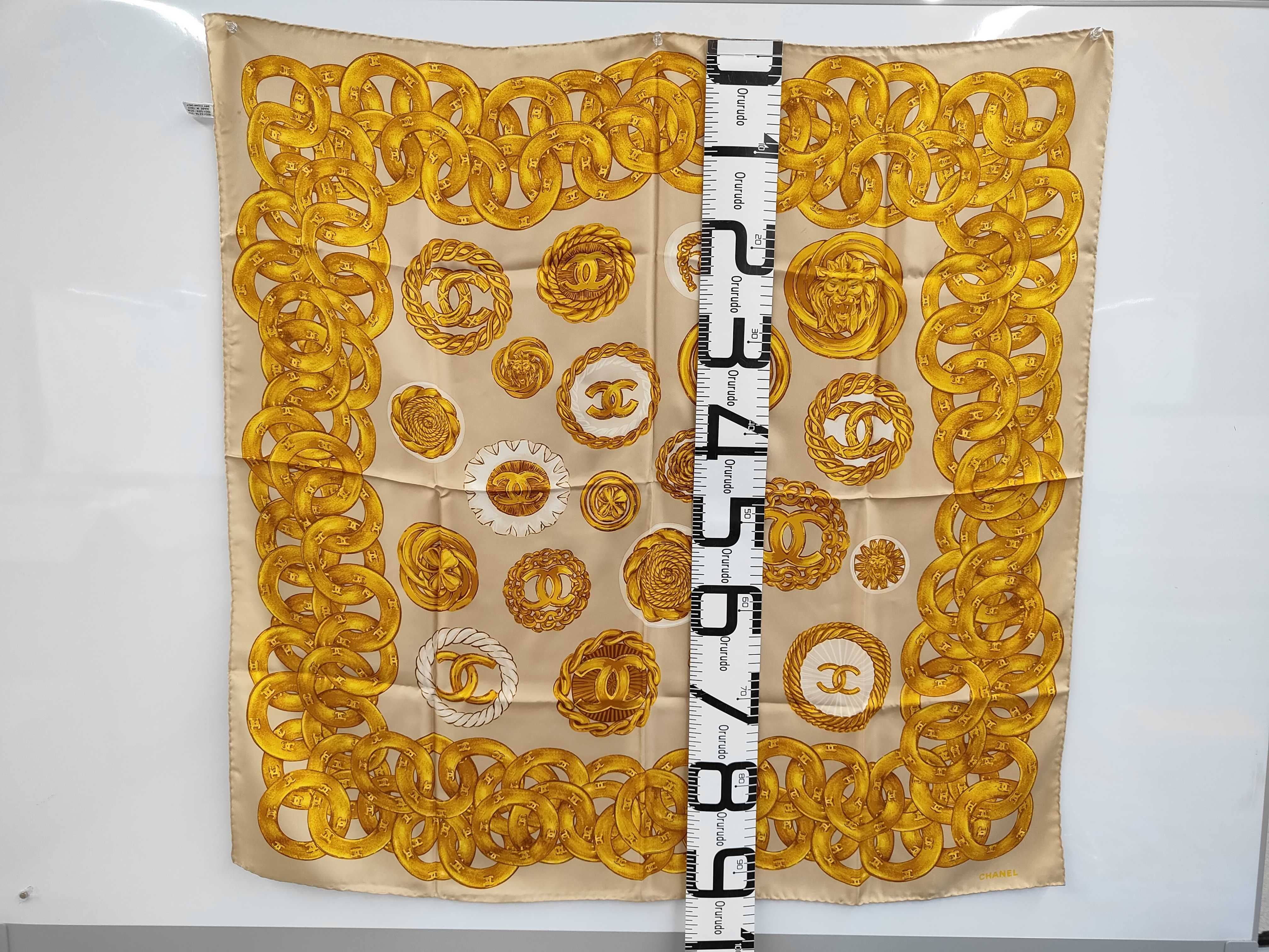 Chanel Vintage Gold-Tone Jewelry and Button Motif Silk Scarf