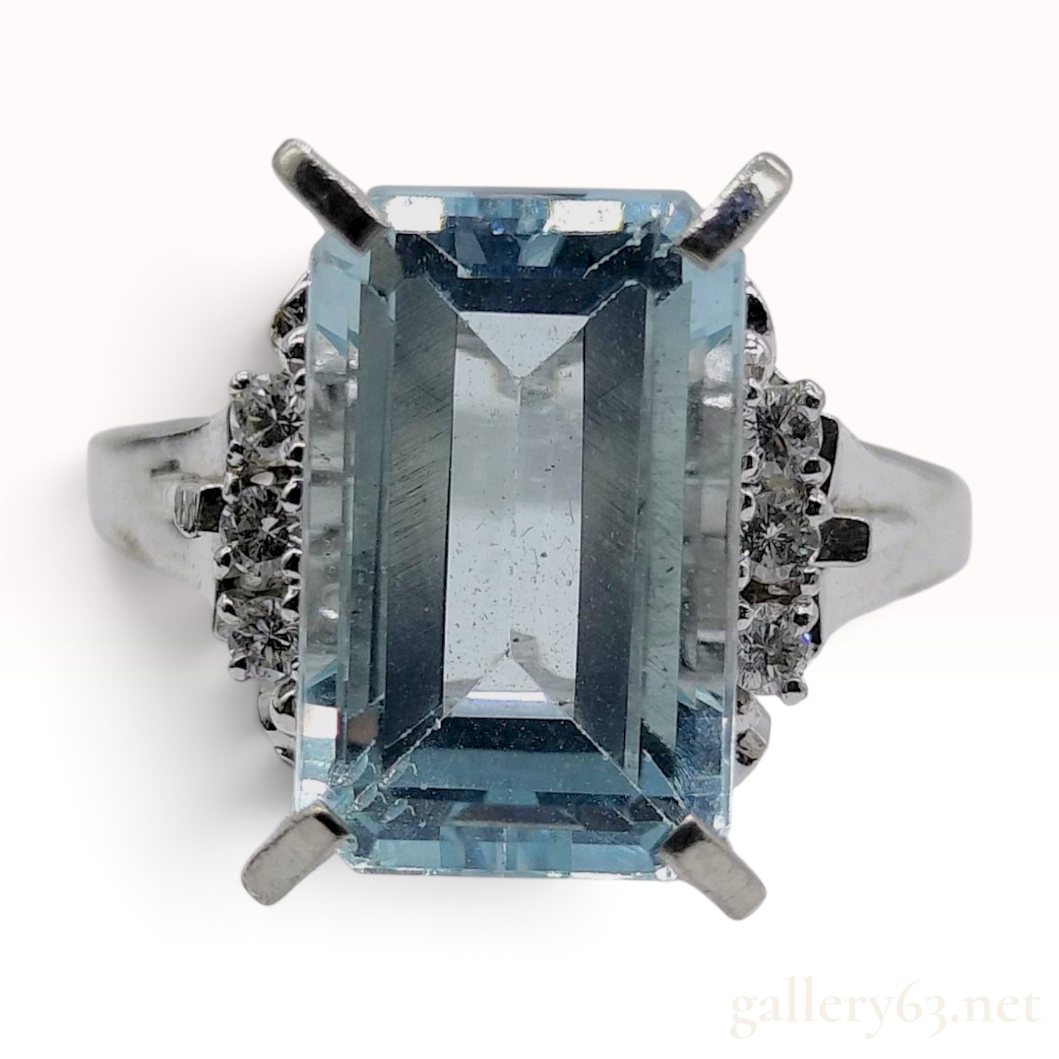 Estate Emerald Cut Aquamarine and Diamond Platinum Cocktail Ring