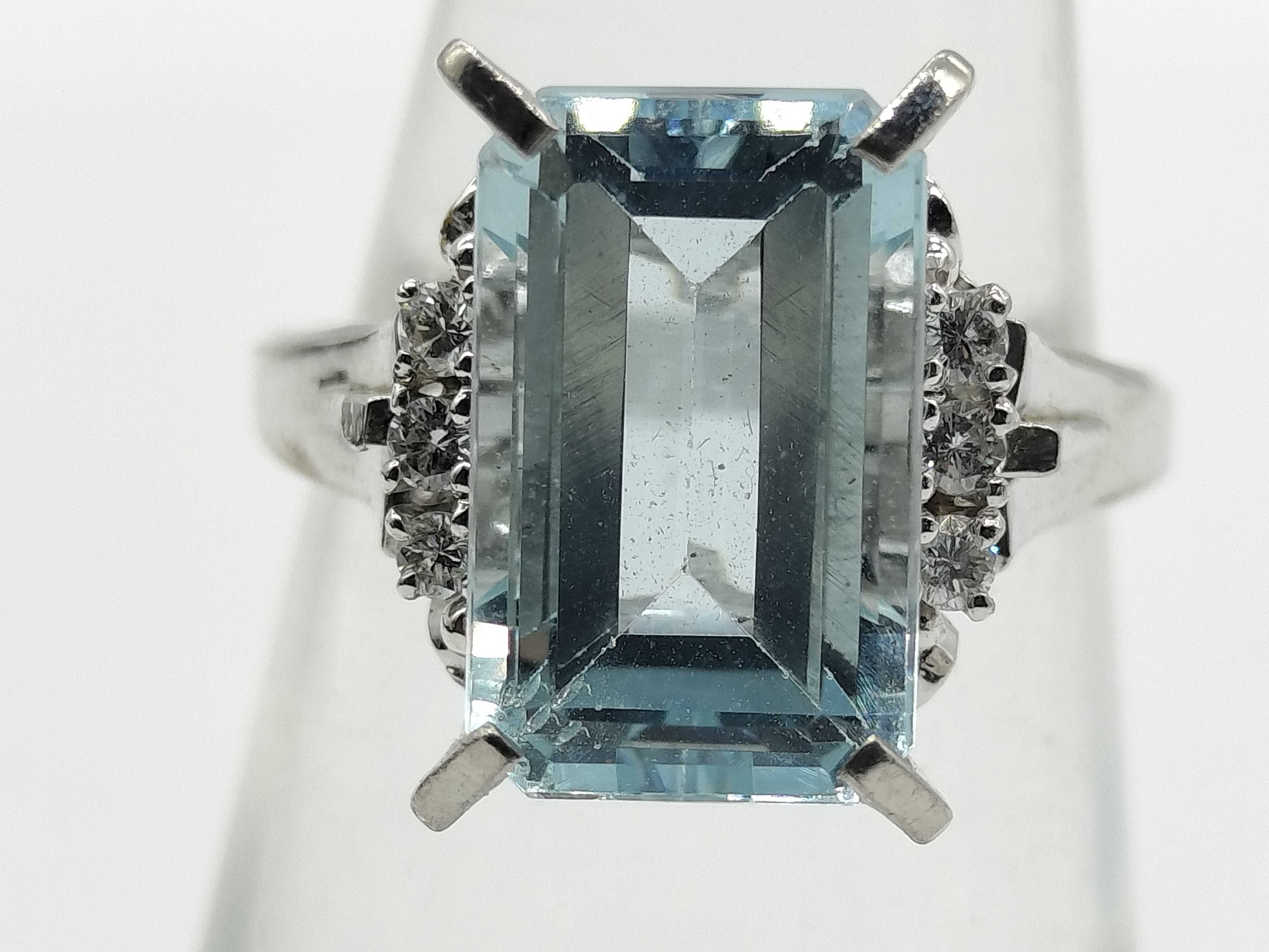 Estate Emerald Cut Aquamarine and Diamond Platinum Cocktail Ring