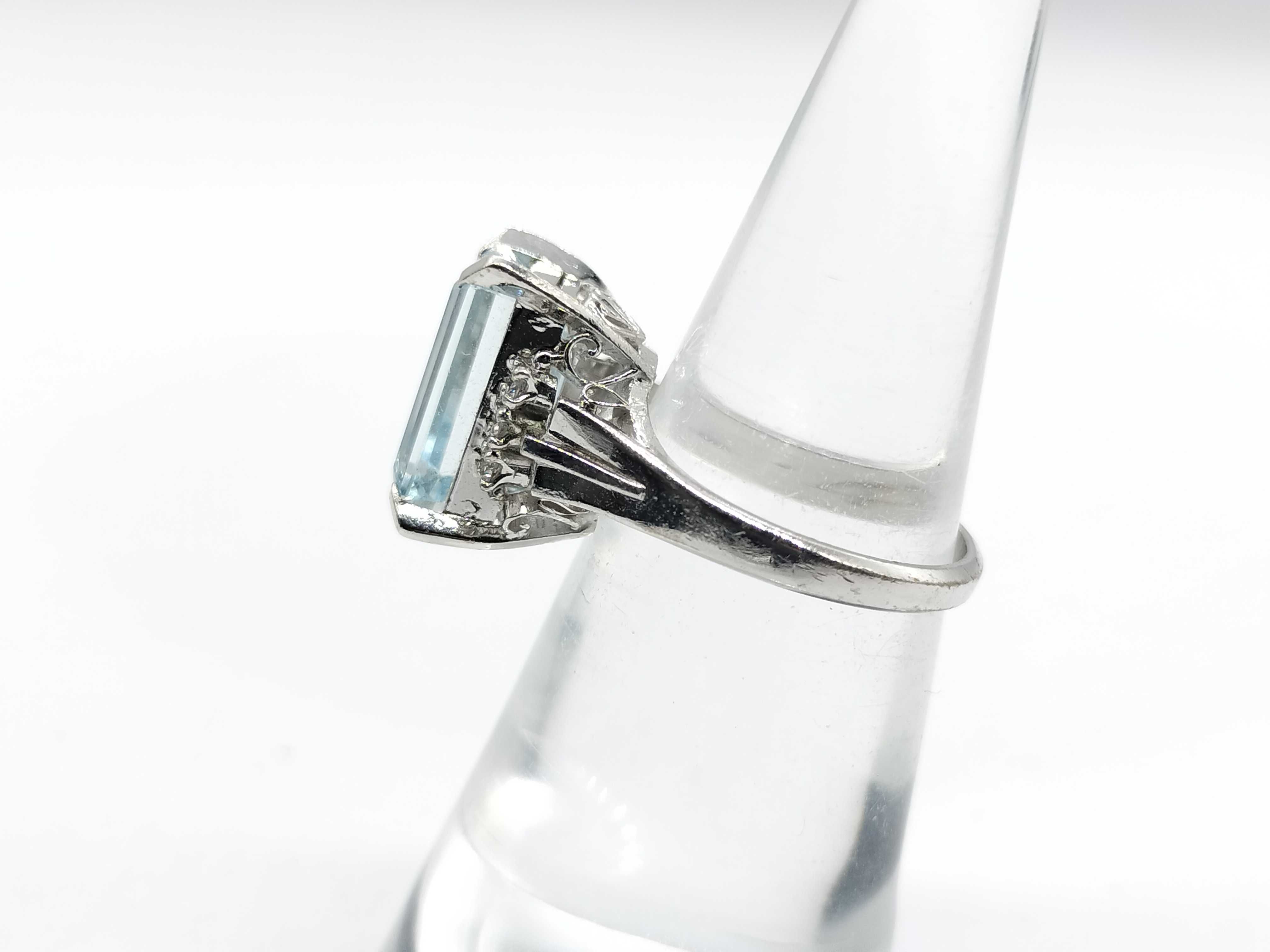 Estate Emerald Cut Aquamarine and Diamond Platinum Cocktail Ring