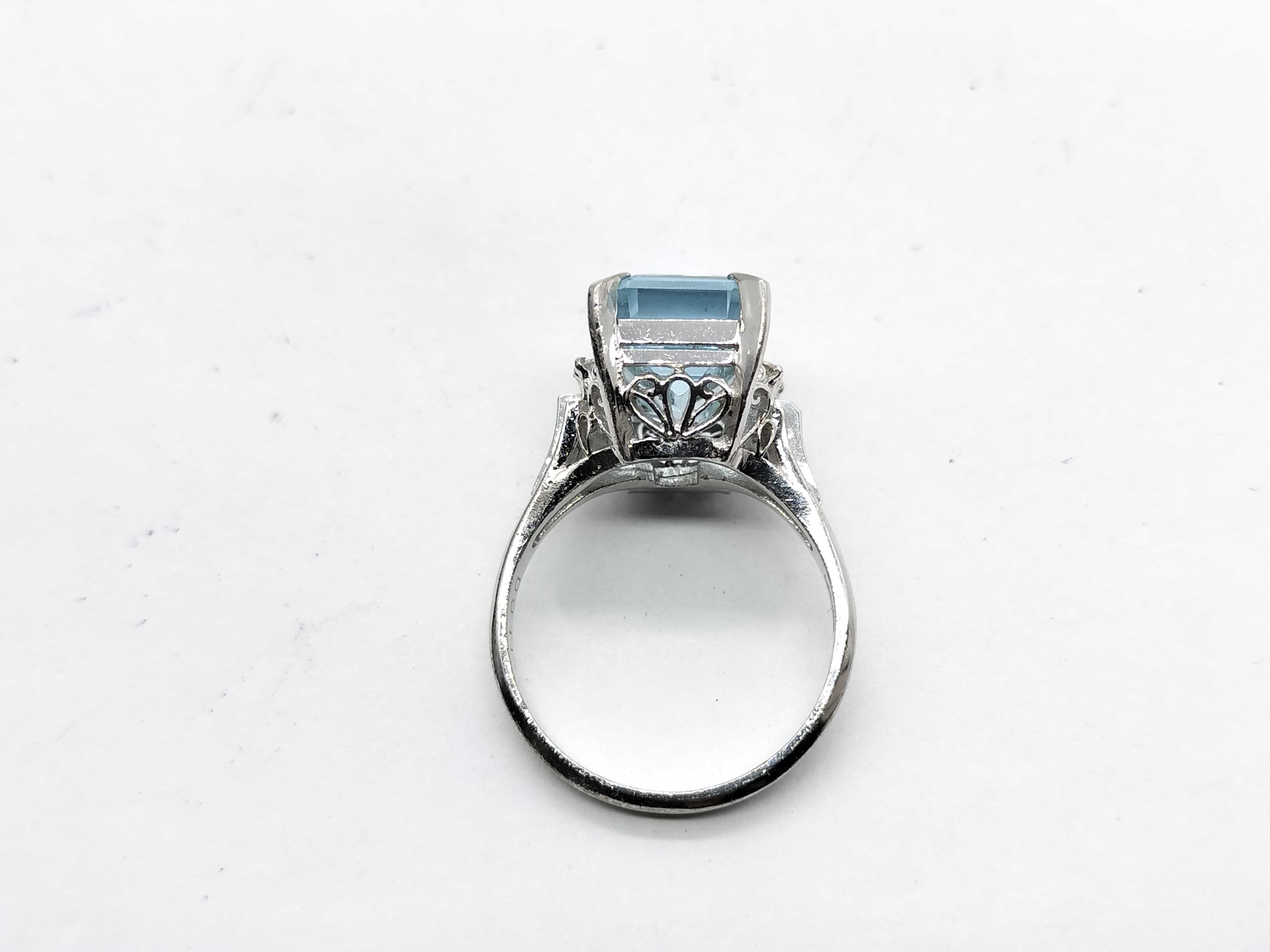 Estate Emerald Cut Aquamarine and Diamond Platinum Cocktail Ring
