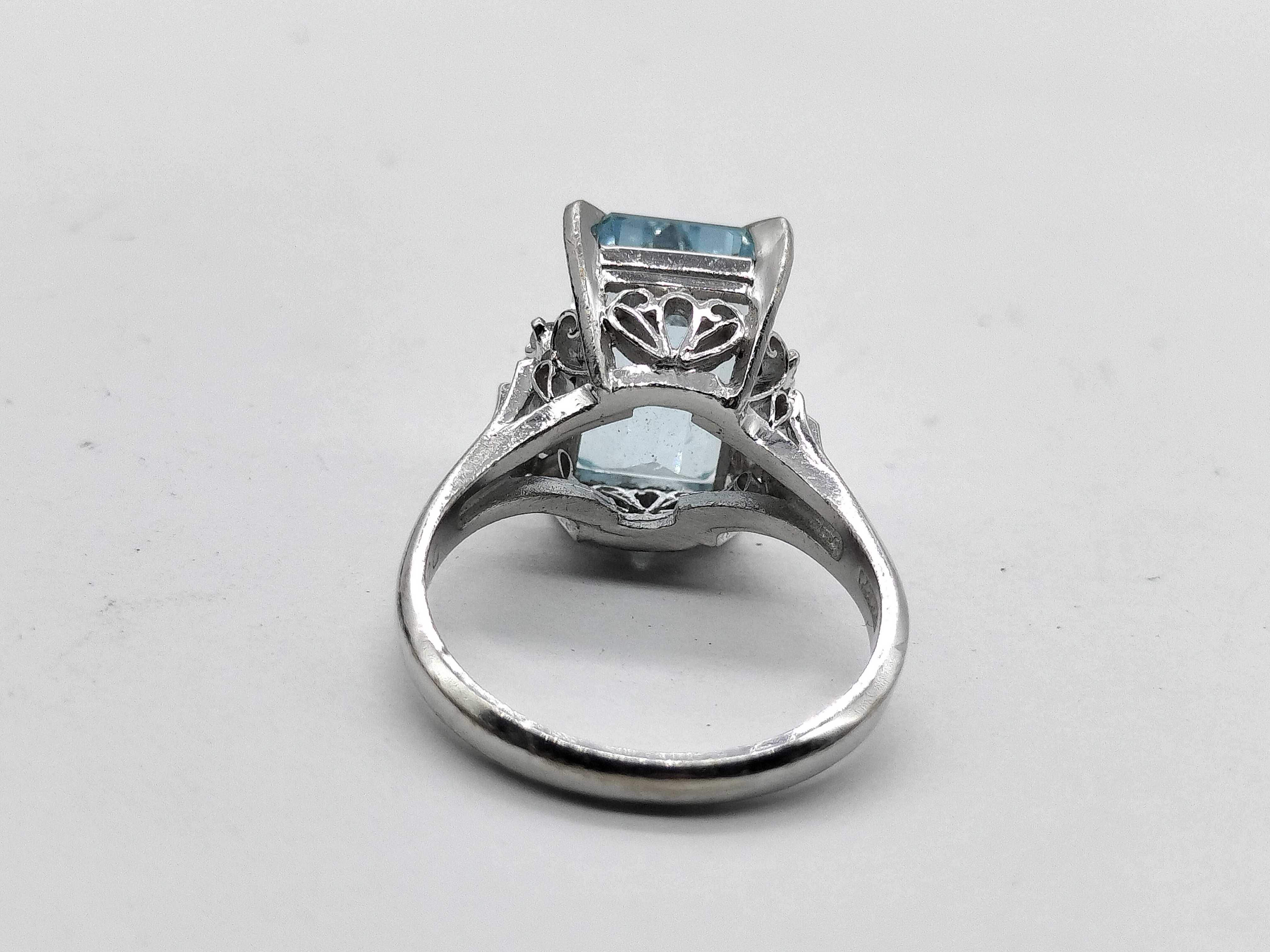 Estate Emerald Cut Aquamarine and Diamond Platinum Cocktail Ring