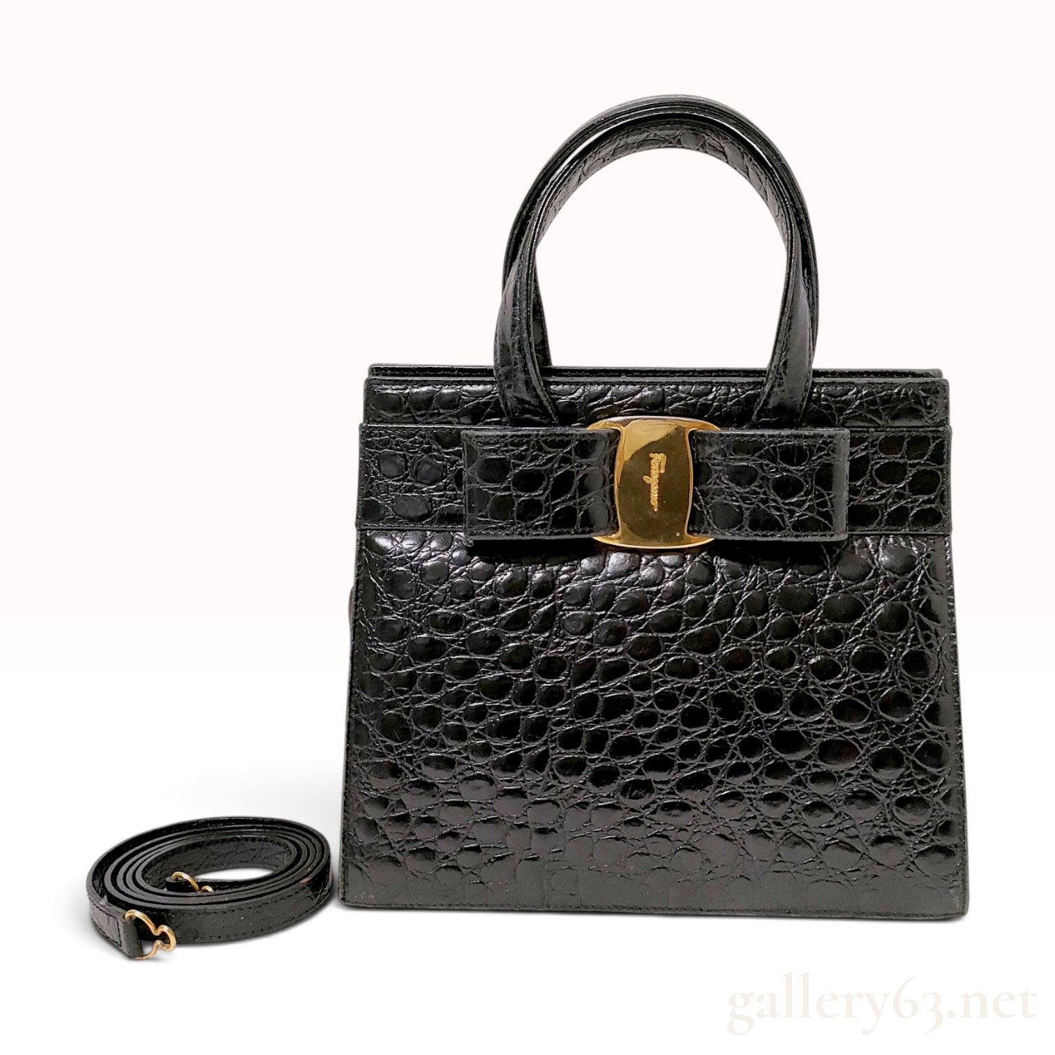 Salvatore Ferragamo Black Crocodile Embossed Leather Vara Bow Top Handle Bag