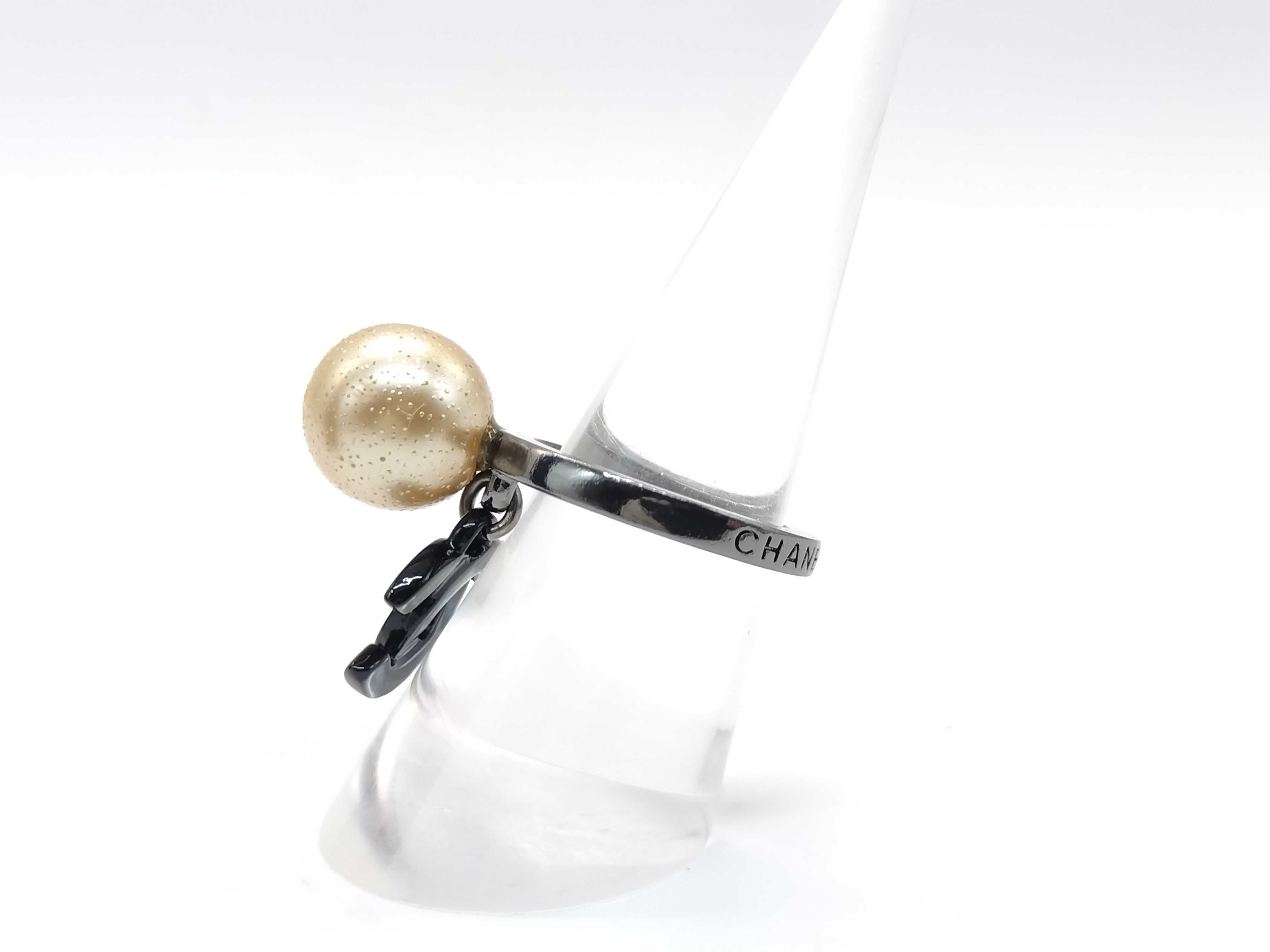 Chanel Oversized Faux Pearl and CC Logo Gunmetal Ring with Box