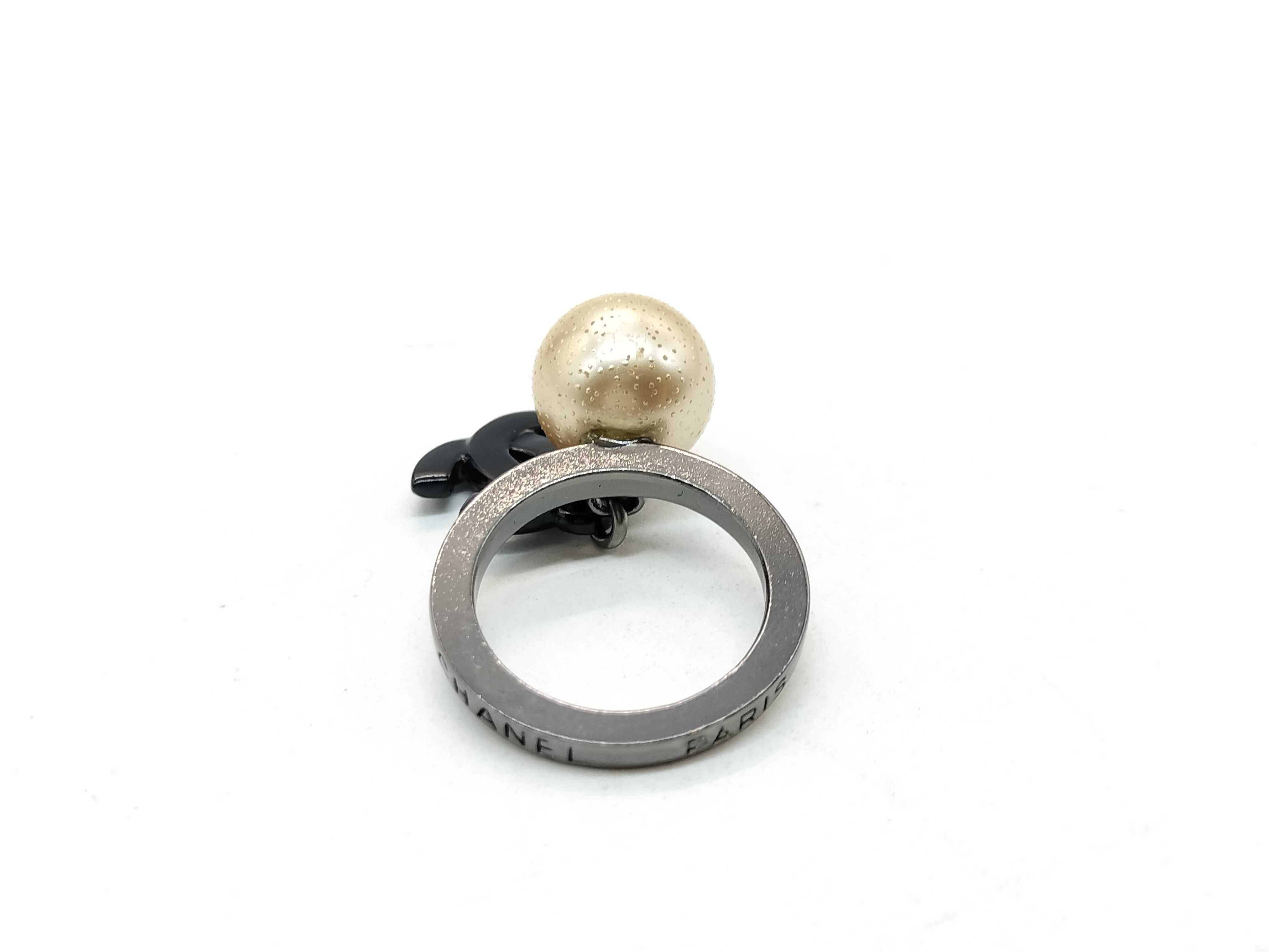 Chanel Oversized Faux Pearl and CC Logo Gunmetal Ring with Box