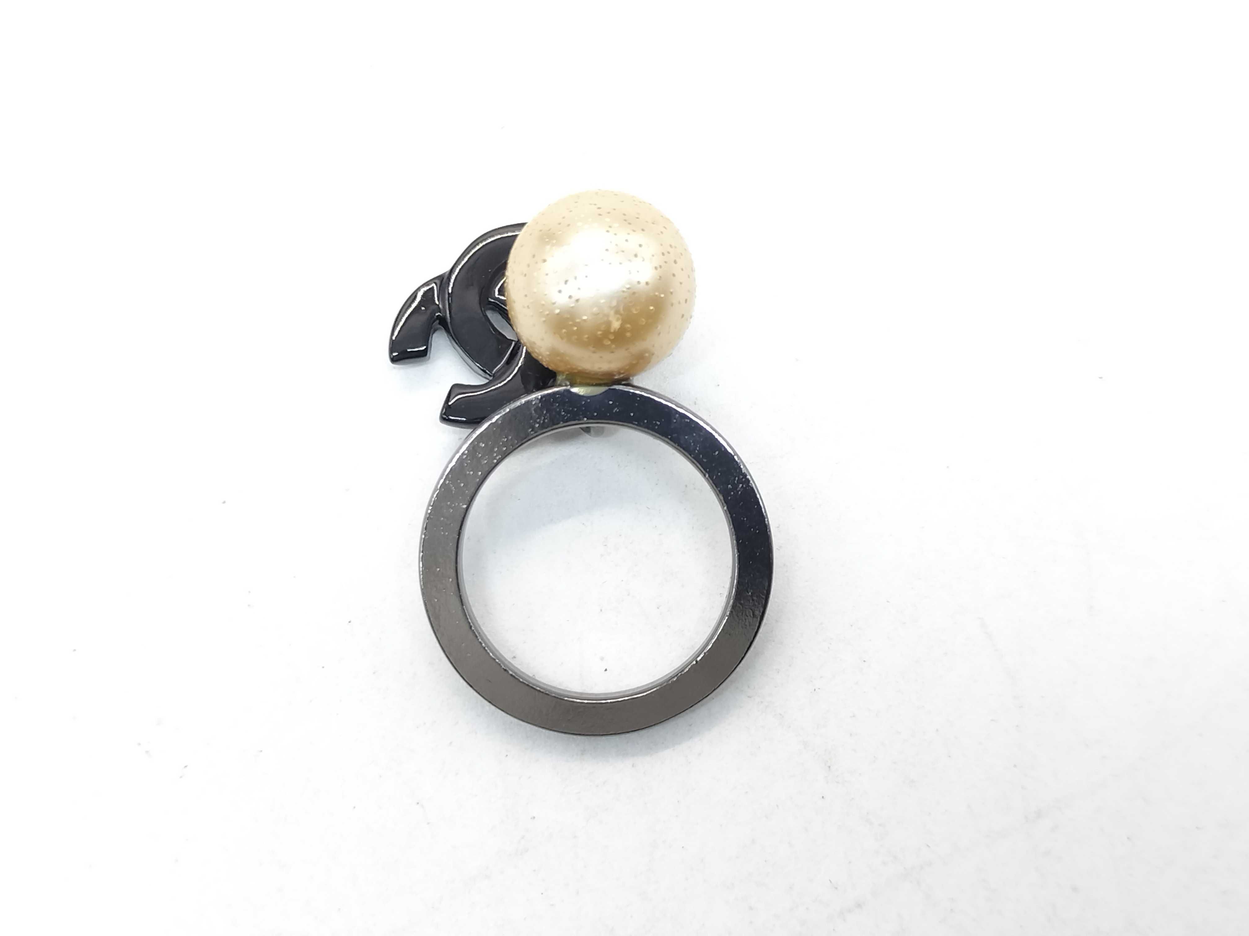 Chanel Oversized Faux Pearl and CC Logo Gunmetal Ring with Box