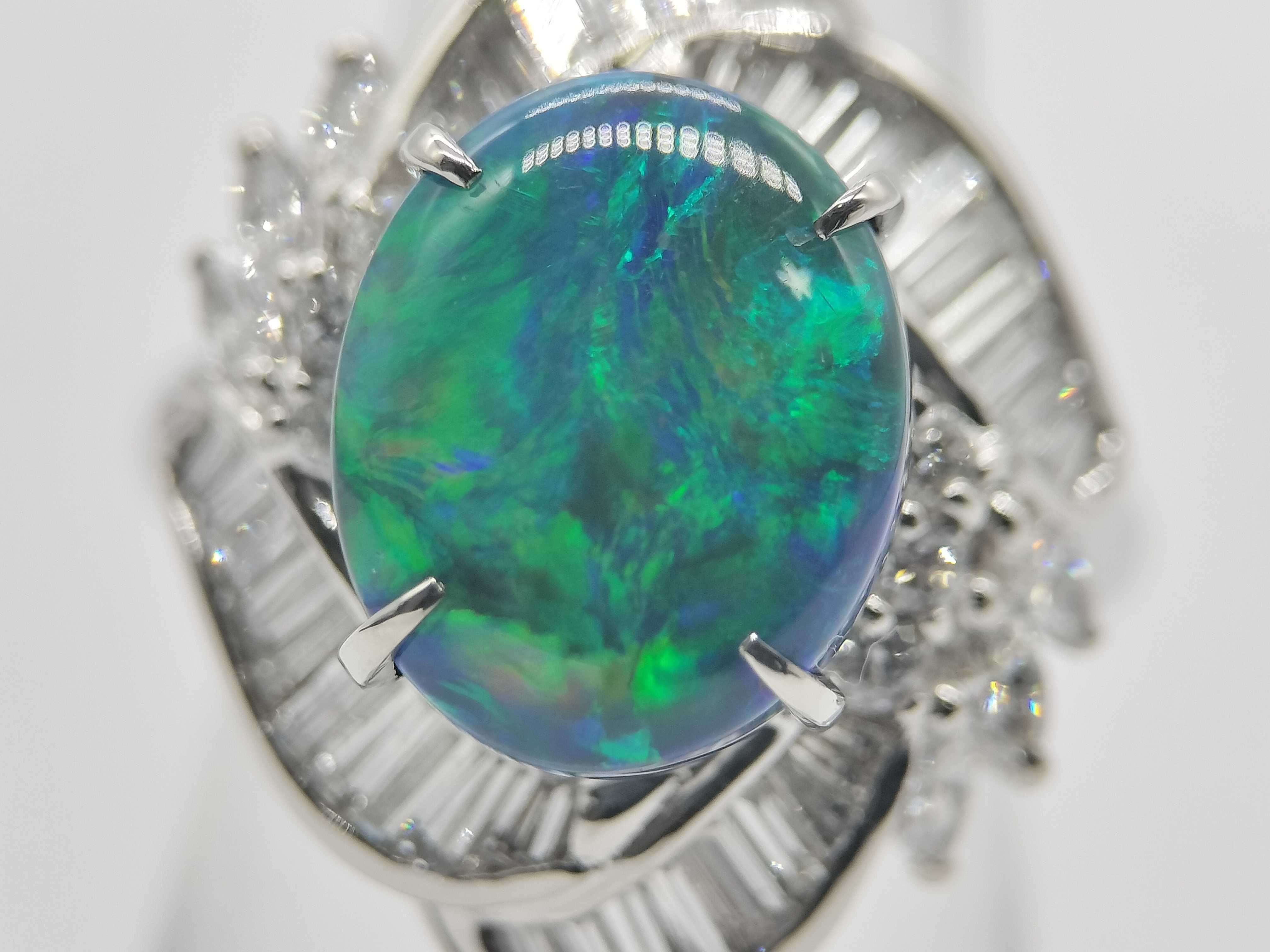 A Vintage Platinum 5.863ct Black Opal and 1.46ctw Natural Diamond Ballerina Ring Size 5.25