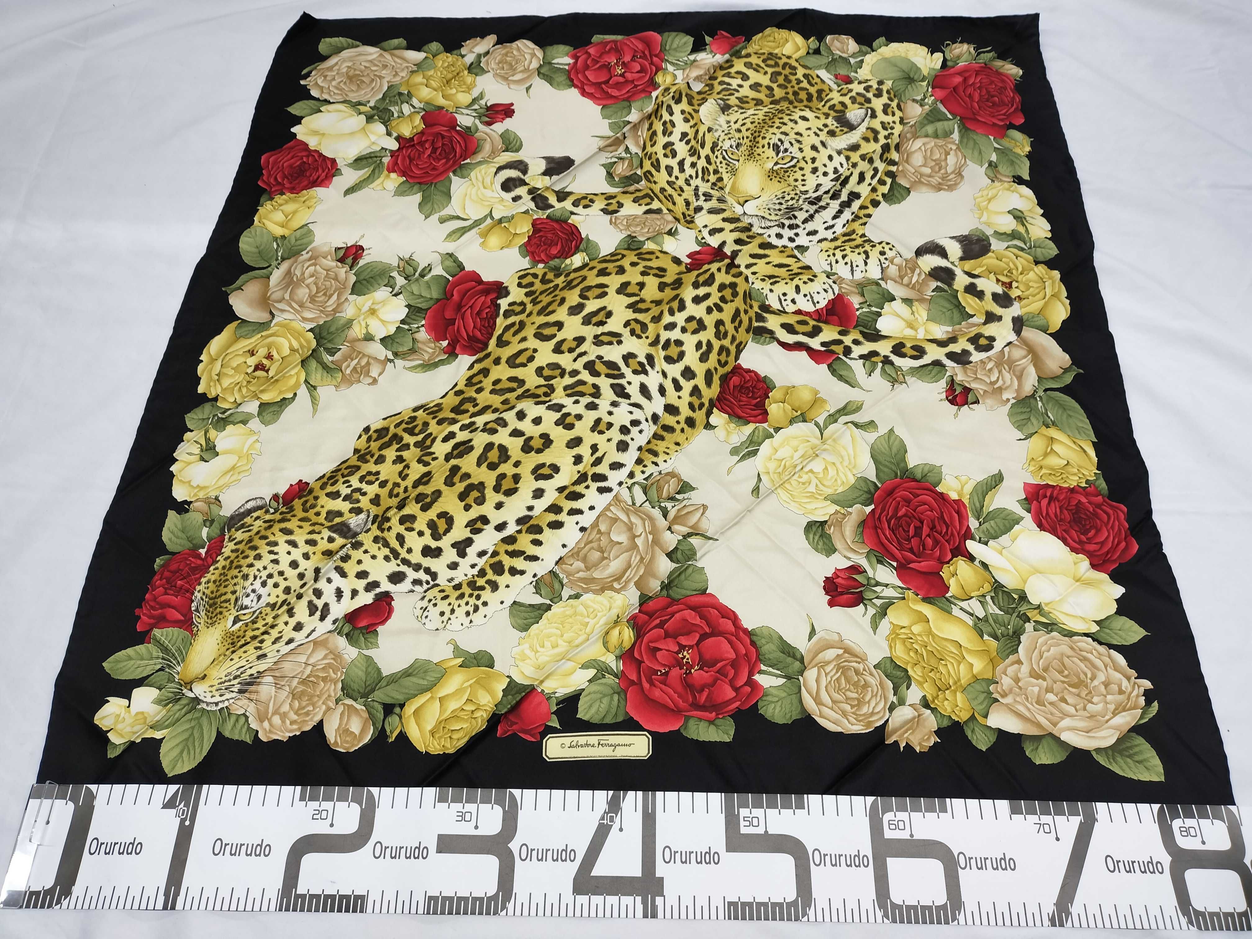 Vintage Salvatore Ferragamo Leopard and Rose Silk Scarf 90cm with Box