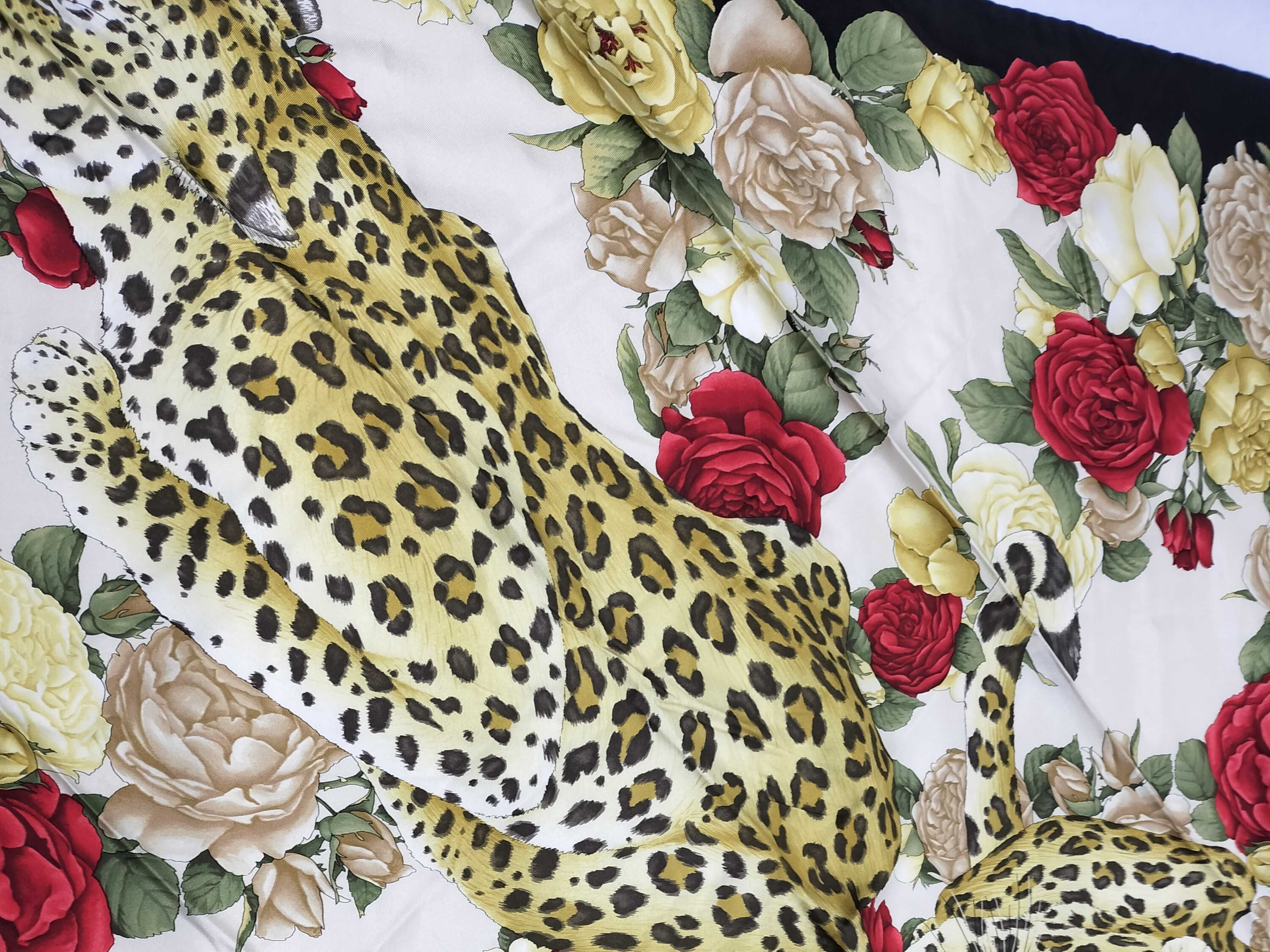 Vintage Salvatore Ferragamo Leopard and Rose Silk Scarf 90cm with Box