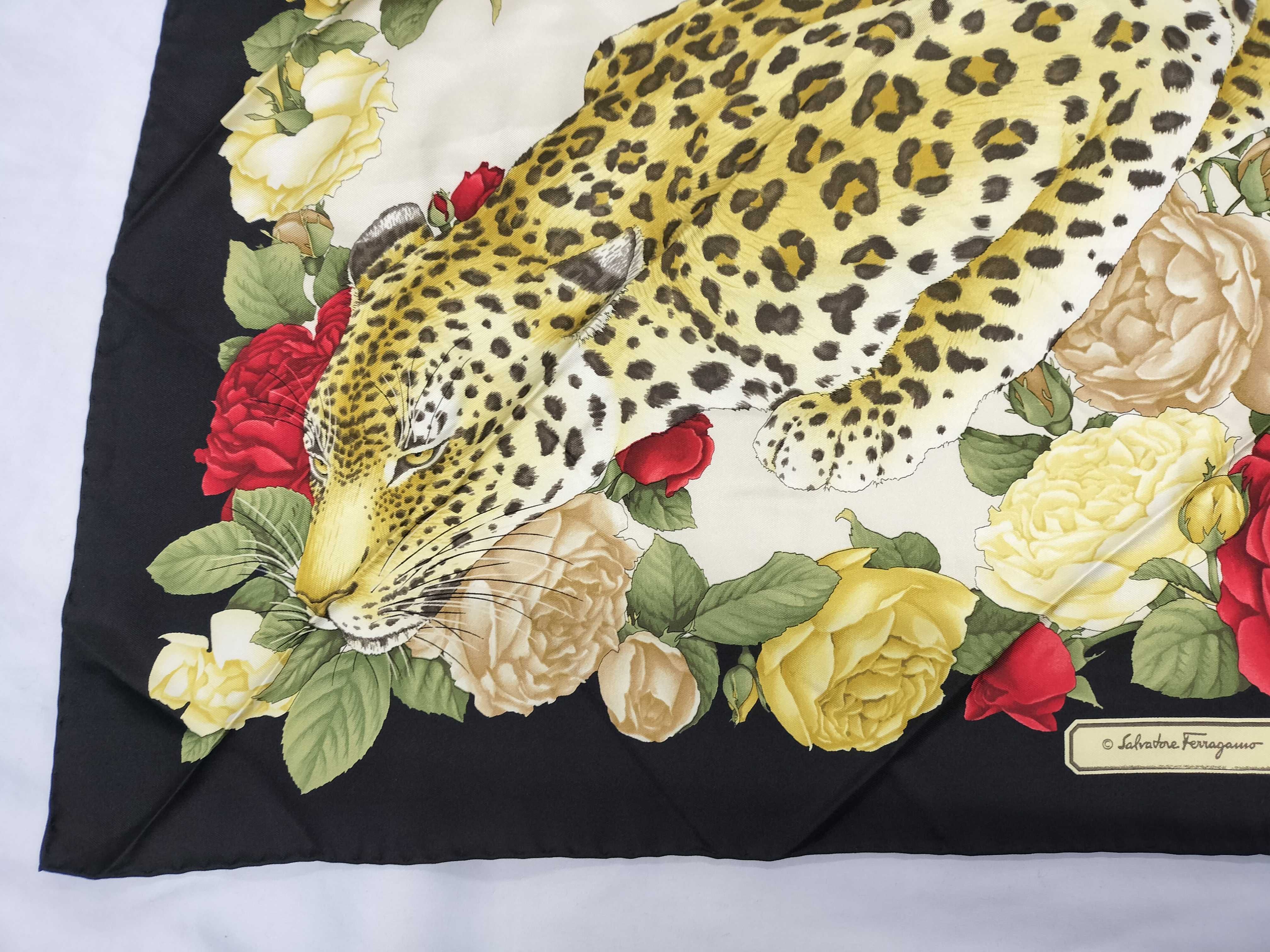 Vintage Salvatore Ferragamo Leopard and Rose Silk Scarf 90cm with Box