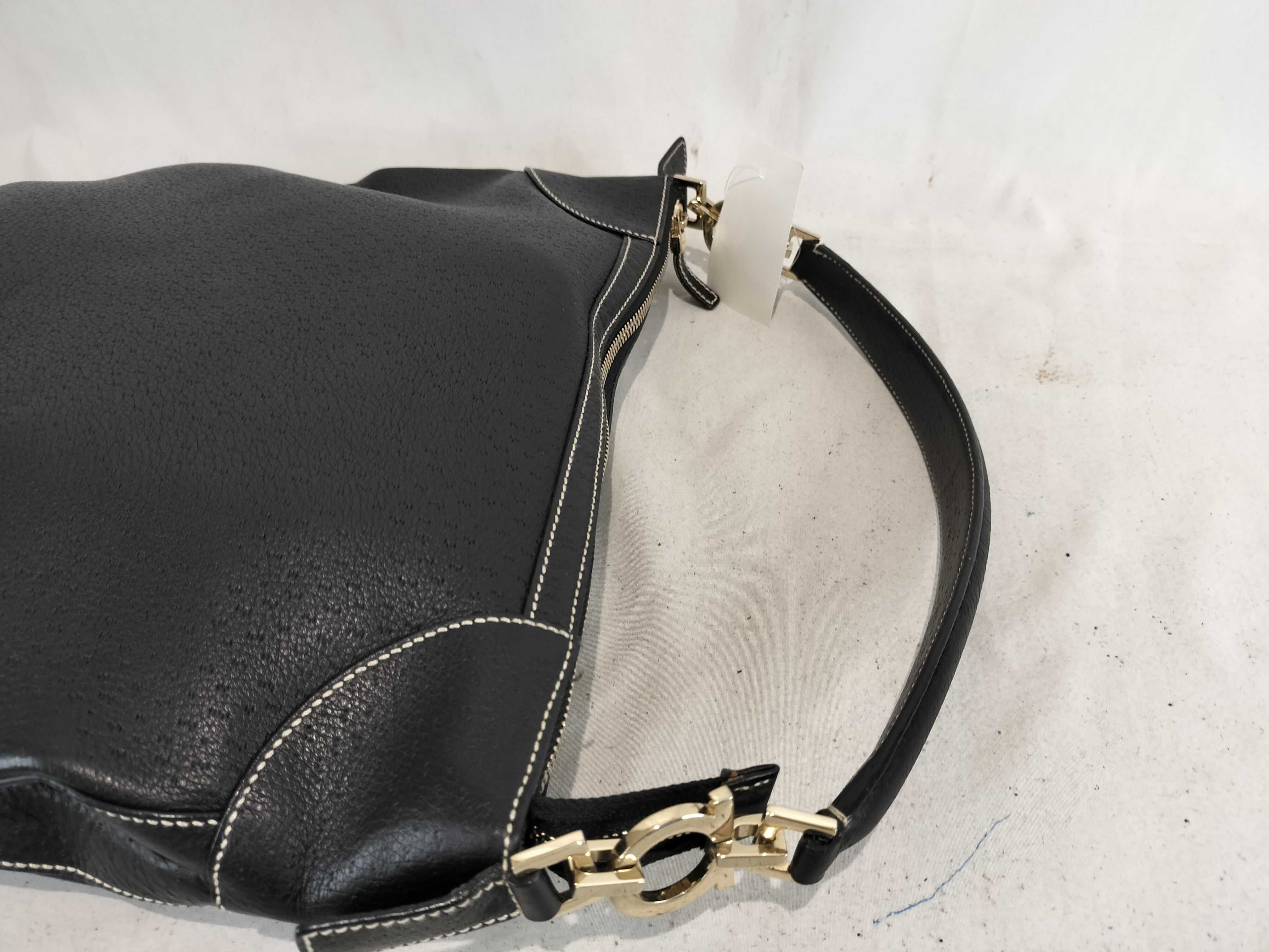 Vintage Salvatore Ferragamo Gancini Black Pebbled Leather Hobo Bag