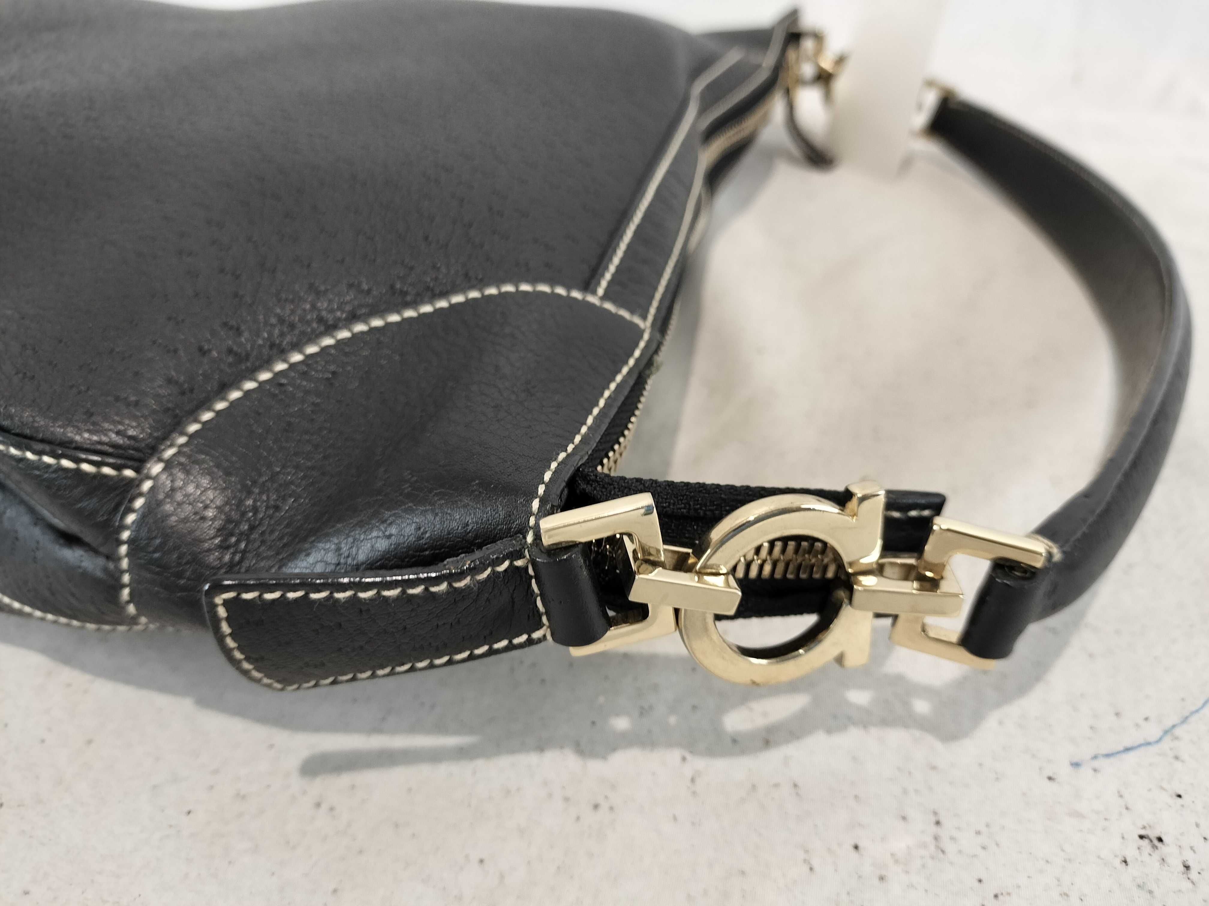 Vintage Salvatore Ferragamo Gancini Black Pebbled Leather Hobo Bag