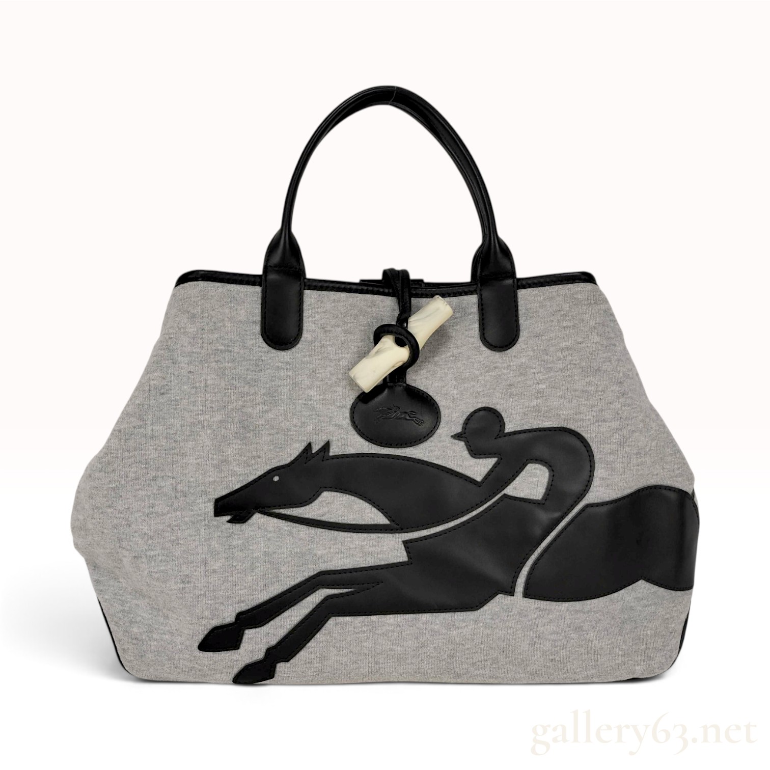 Longchamp Roseau Grey Jersey and Black Leather Tote Bag