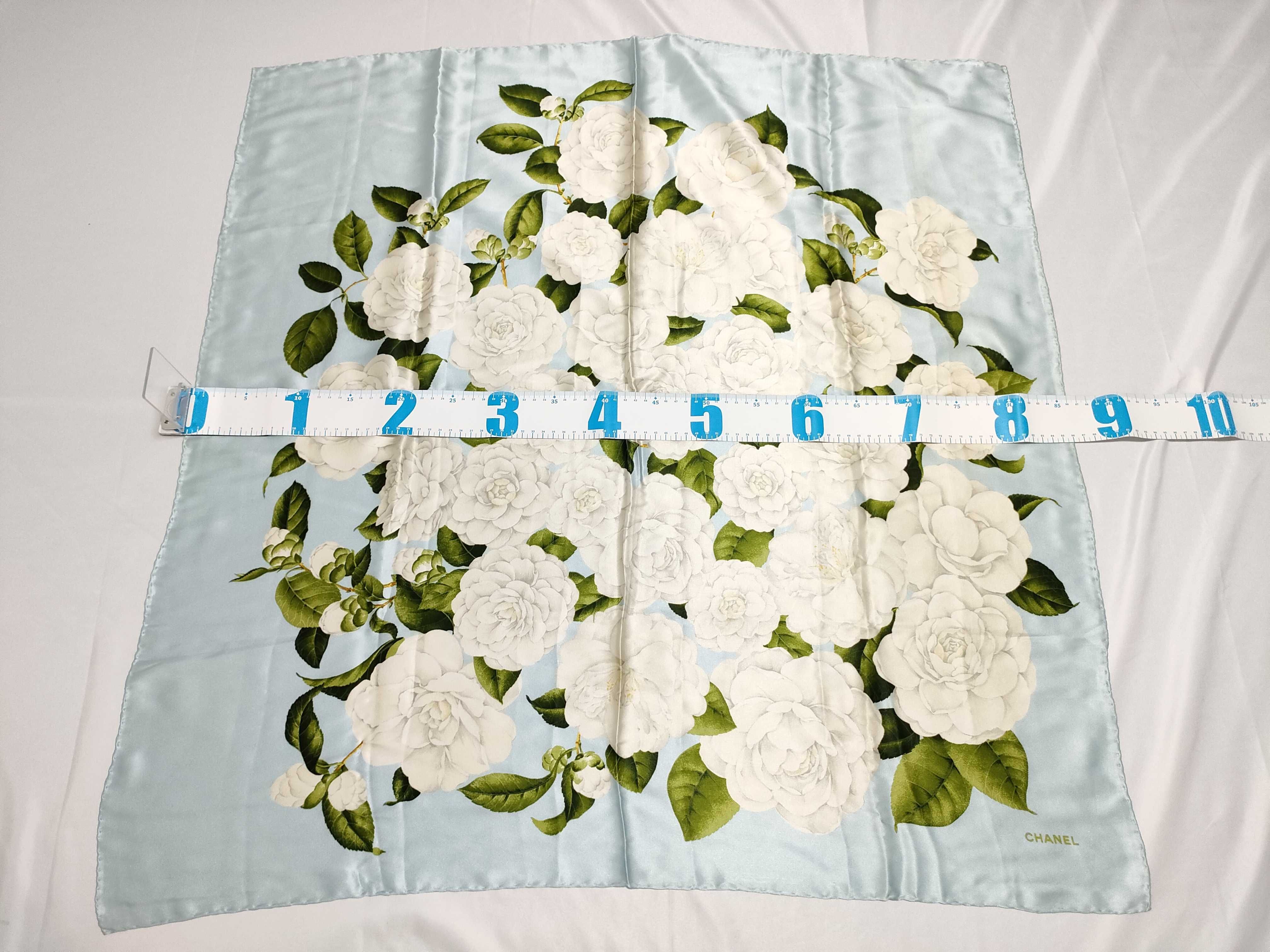 Vintage 90cm Silk Chanel Camellia Floral Pale Blue Scarf