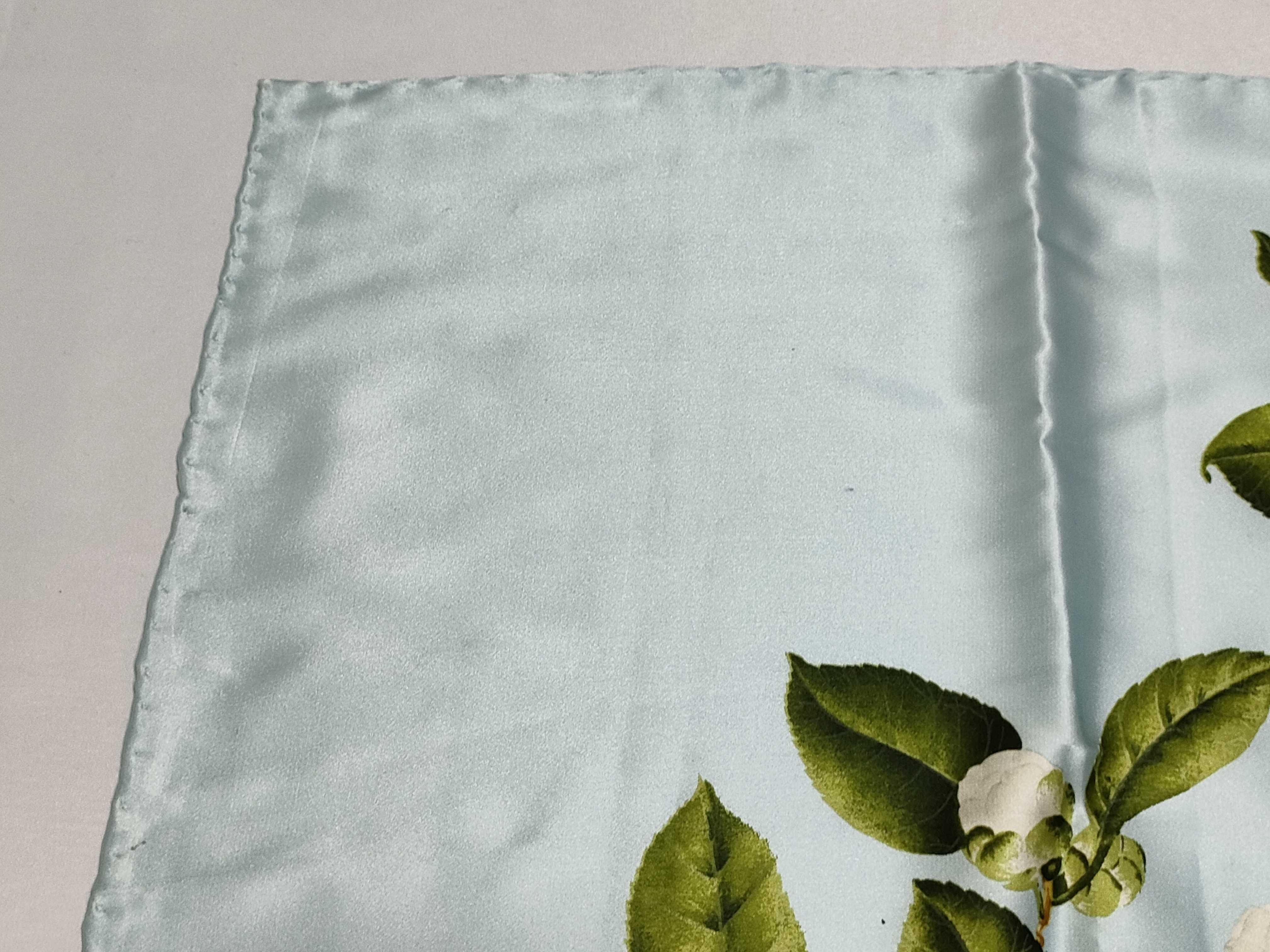 Vintage 90cm Silk Chanel Camellia Floral Pale Blue Scarf