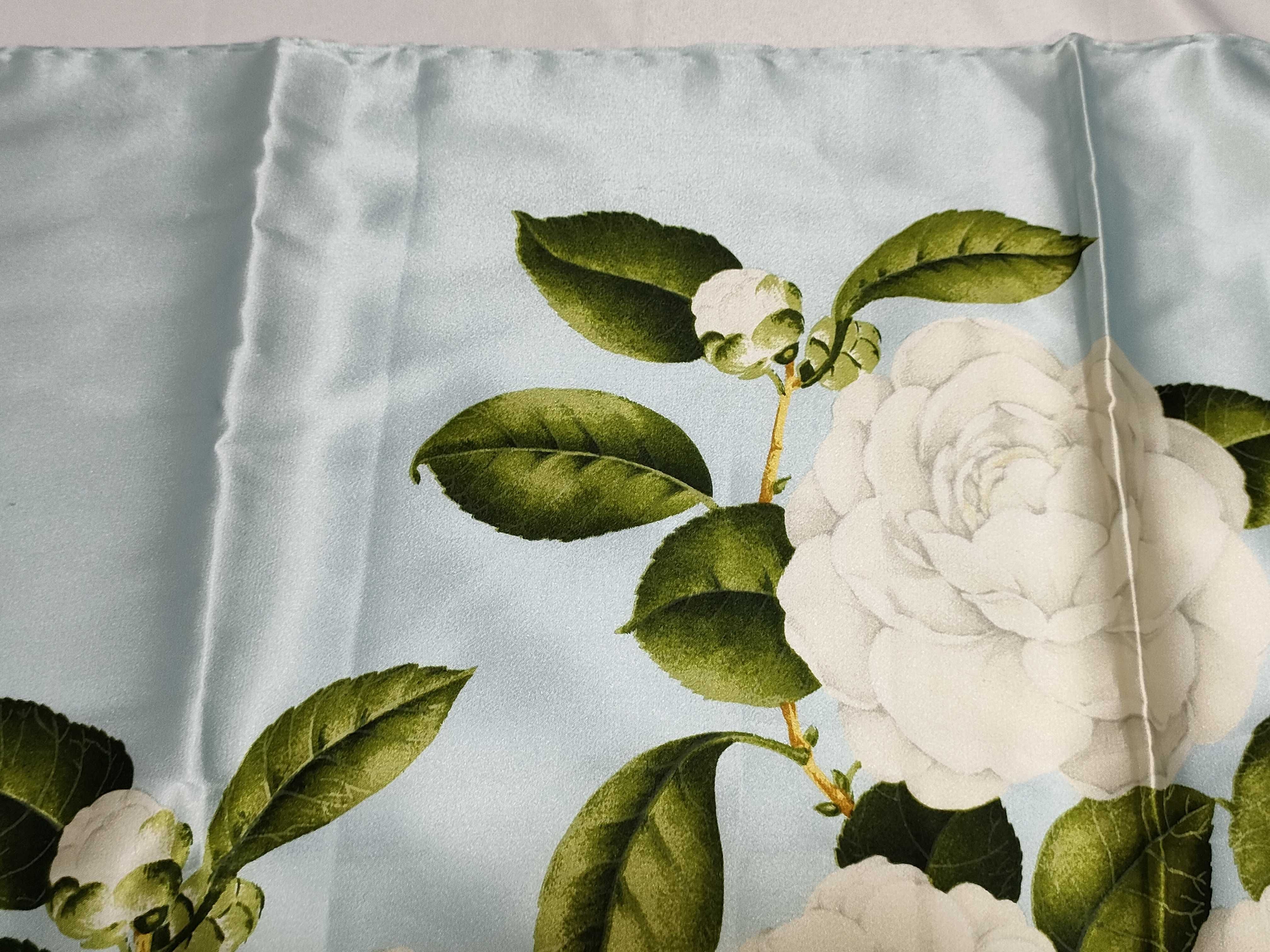 Vintage 90cm Silk Chanel Camellia Floral Pale Blue Scarf
