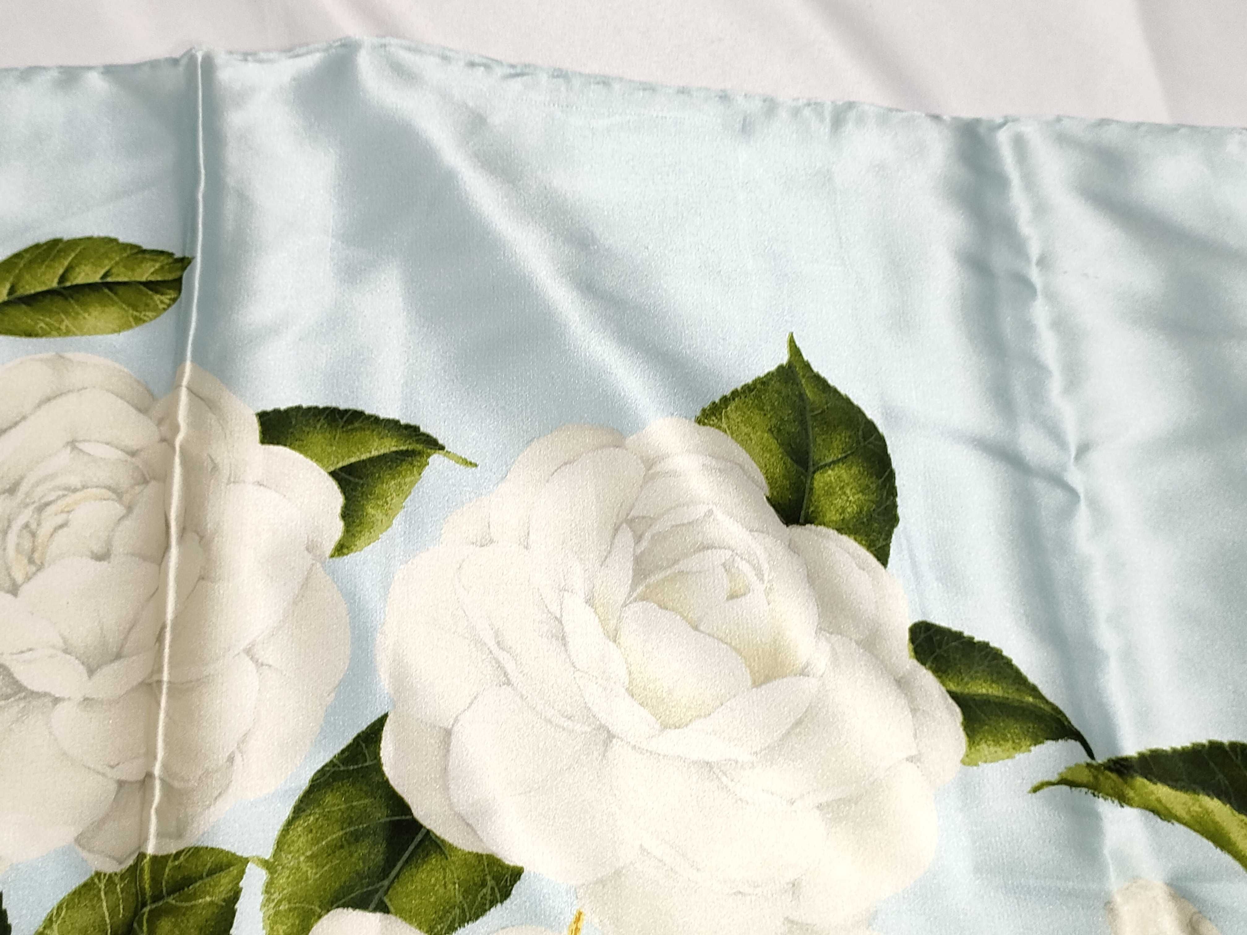 Vintage 90cm Silk Chanel Camellia Floral Pale Blue Scarf