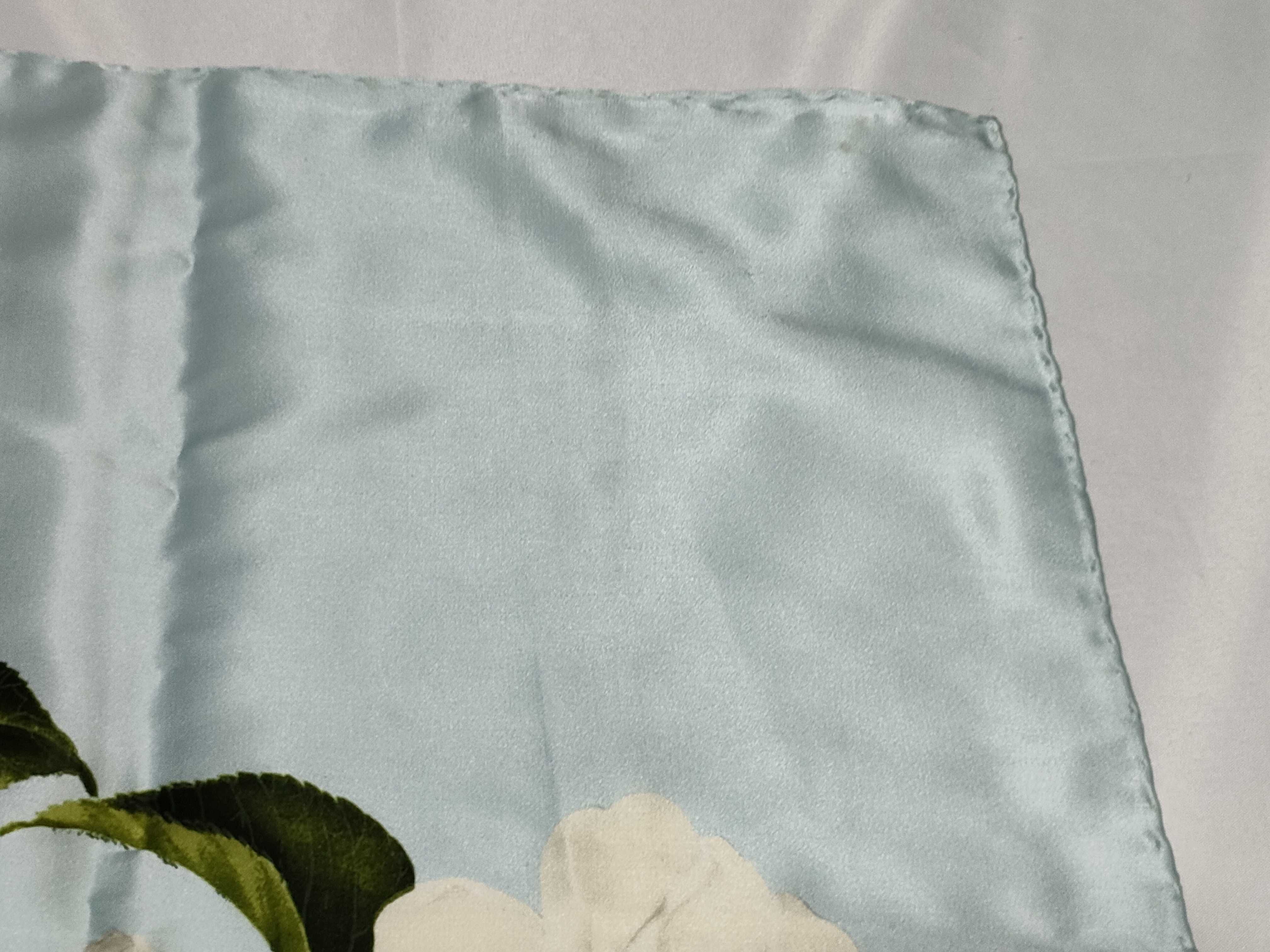 Vintage 90cm Silk Chanel Camellia Floral Pale Blue Scarf