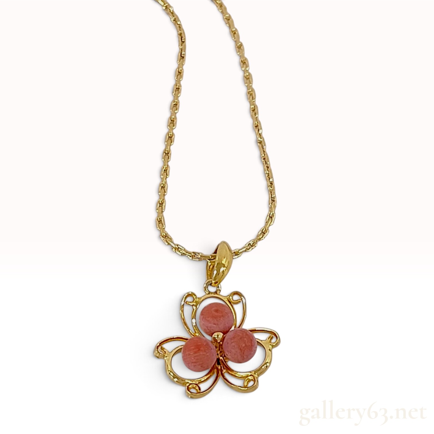 Vintage Christian Dior Pink Coral Flower Motif Gold-Tone Pendant Necklace