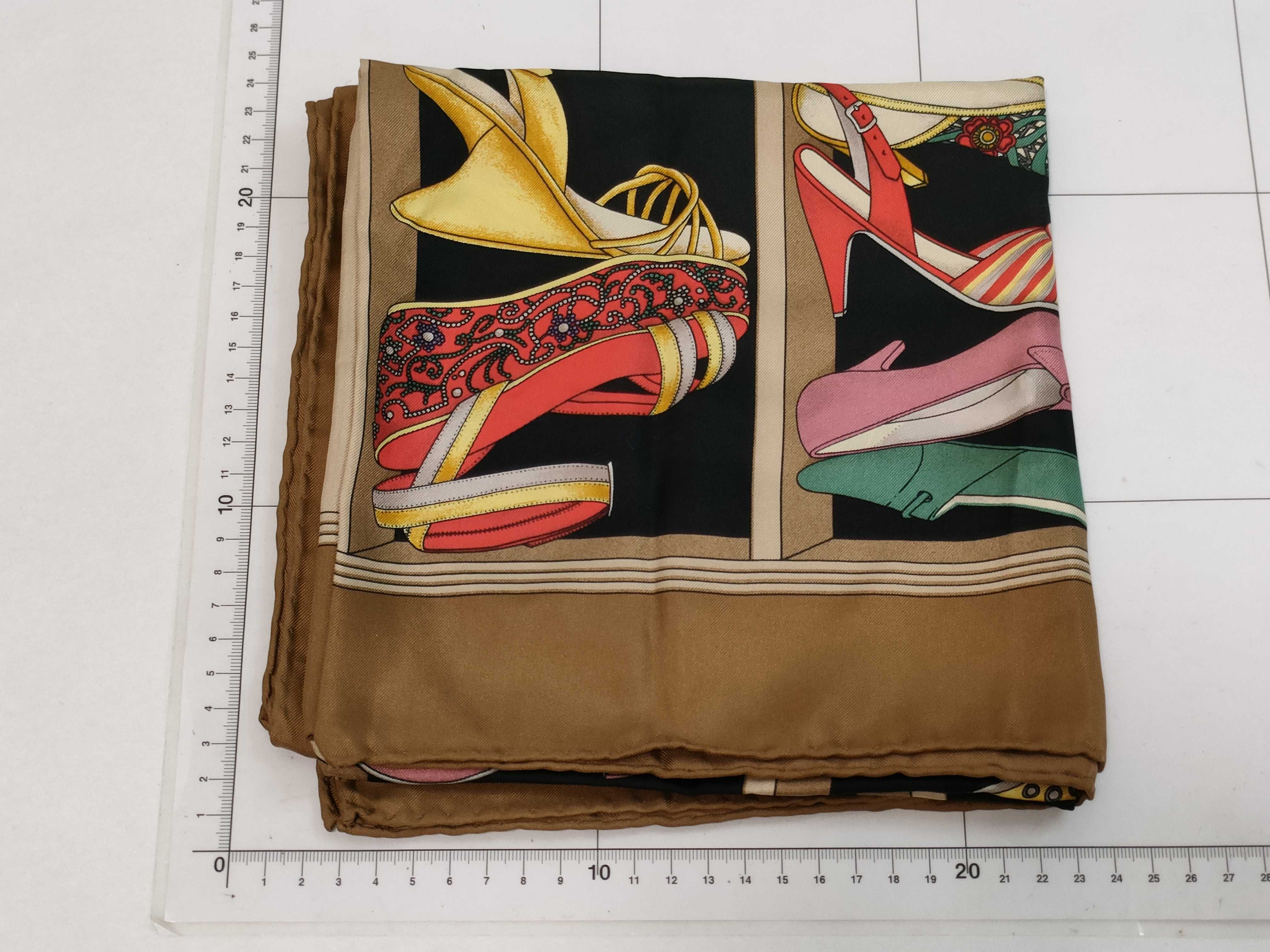 Vintage Salvatore Ferragamo Shoe Museum Silk Scarf Carre 90 with Gancini Scarf Ring