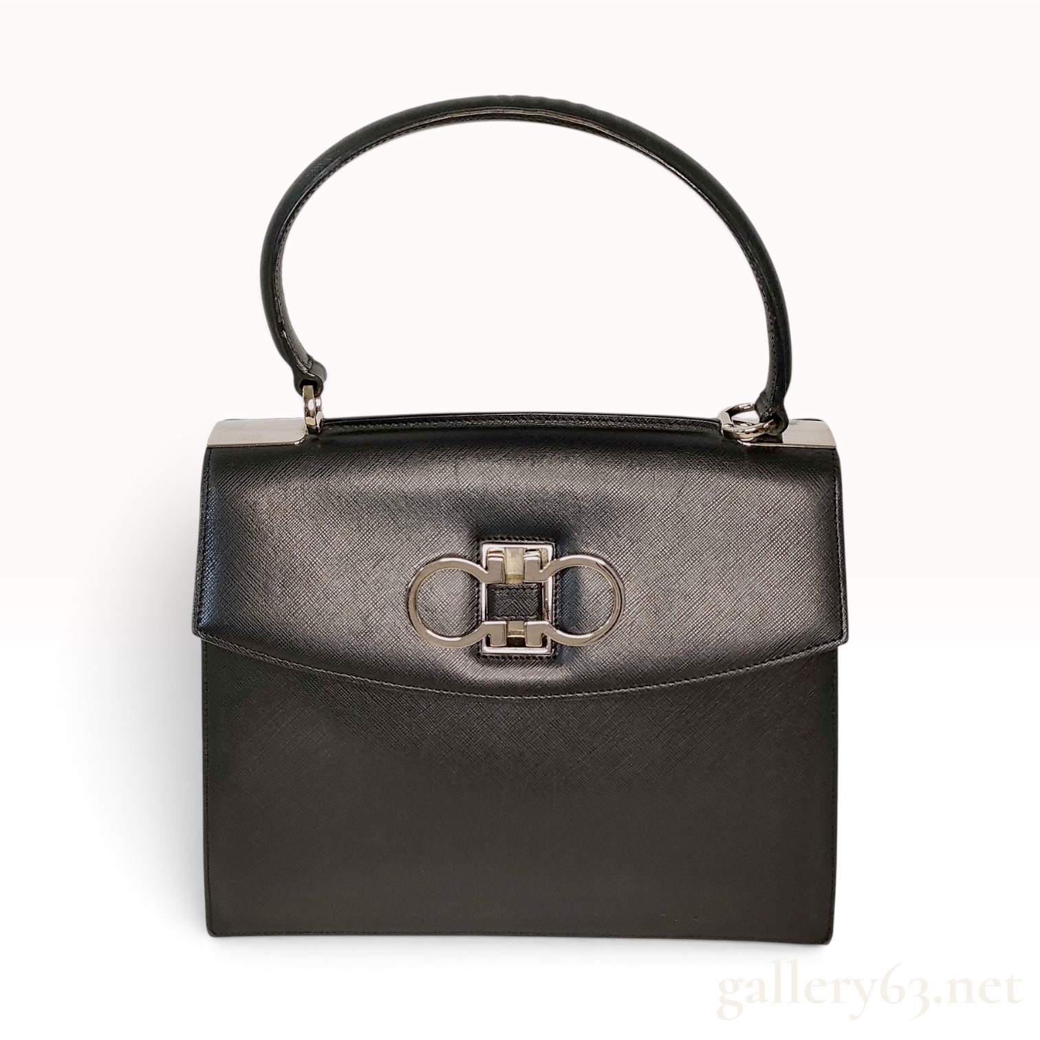 Salvatore Ferragamo Gancini Black Saffiano Leather Top Handle Bag