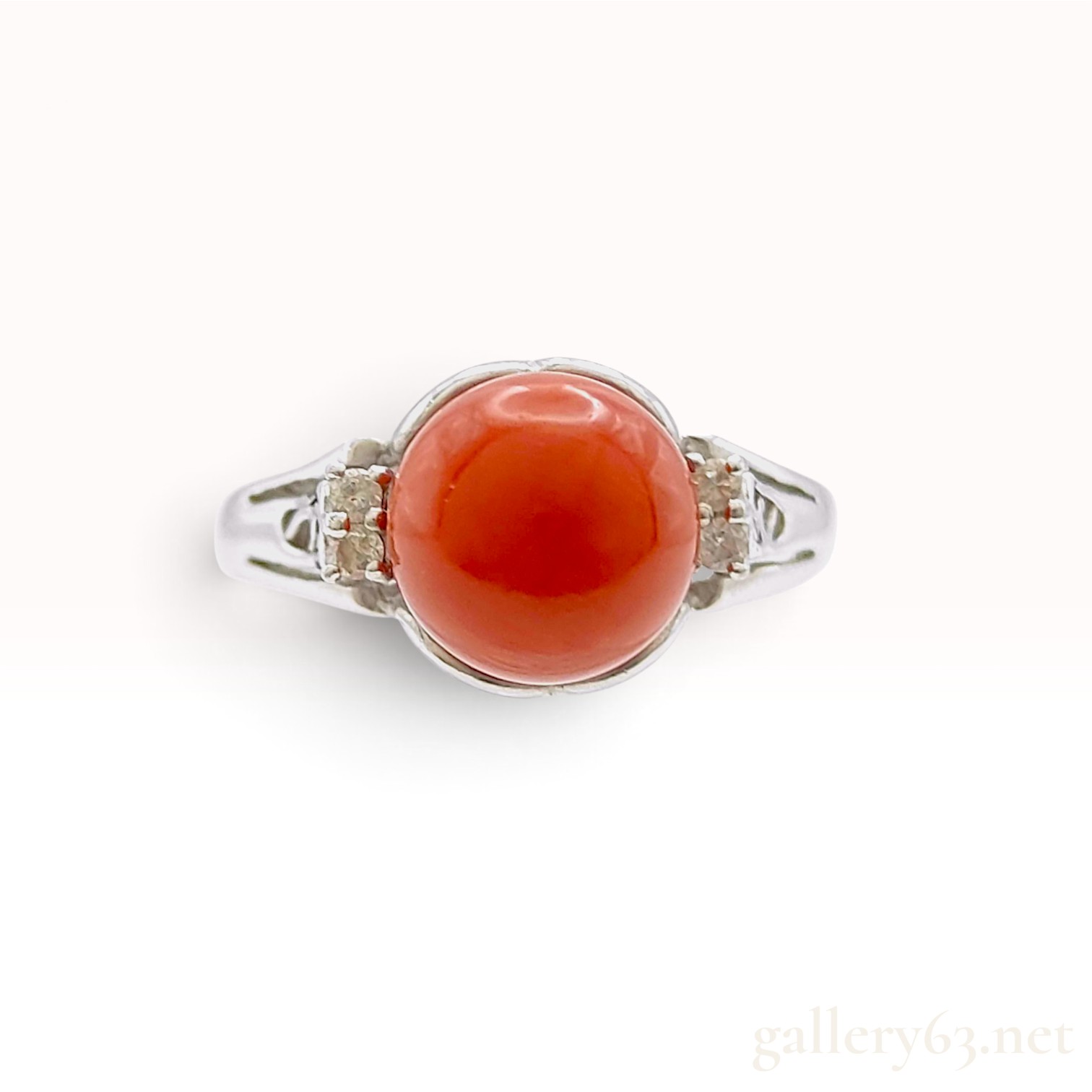 Antique Pt900 0.05ctw Natural Diamond and 8.4mm Red Coral Ring Size 7