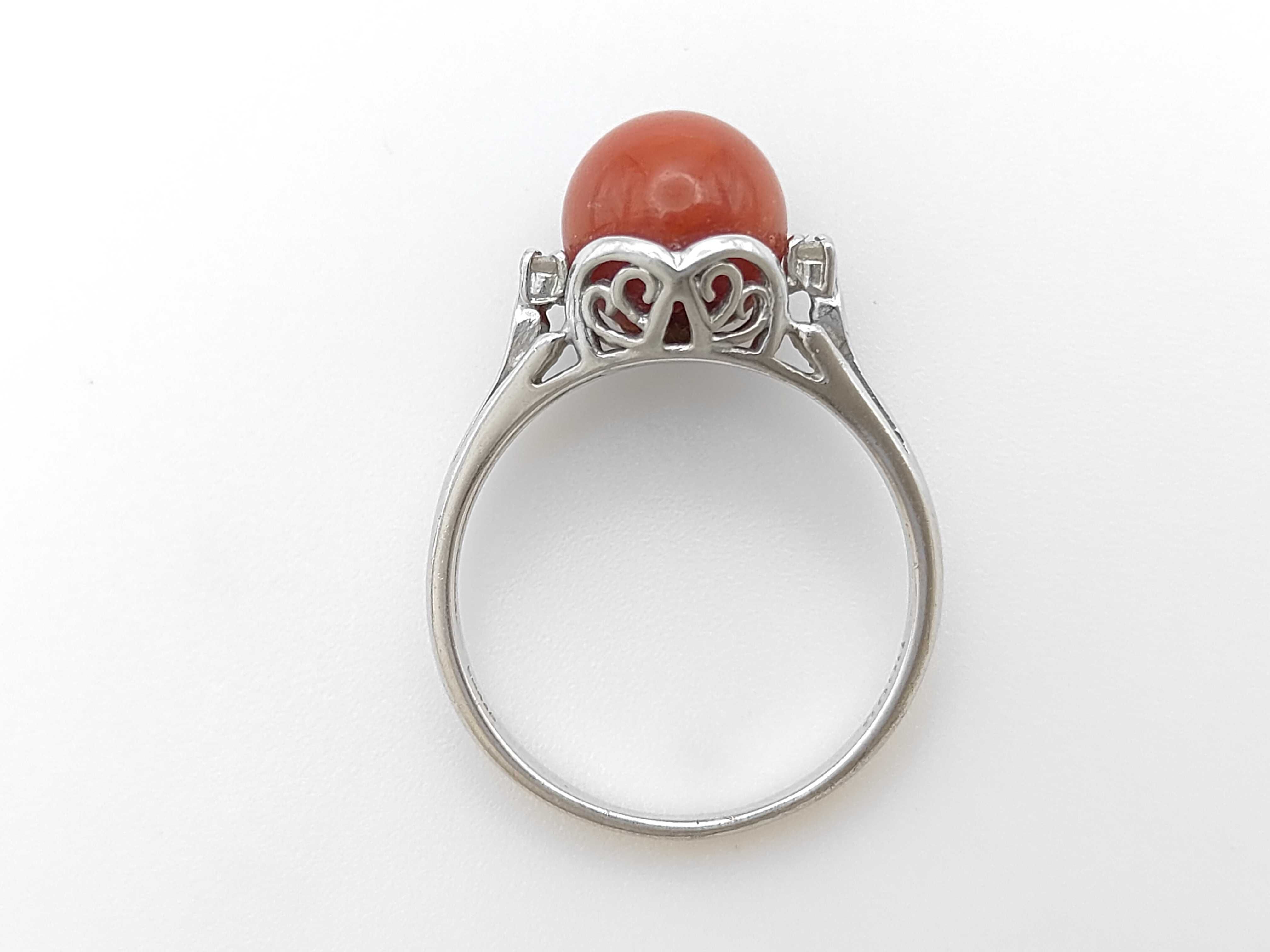 Antique Pt900 0.05ctw Natural Diamond and 8.4mm Red Coral Ring Size 7