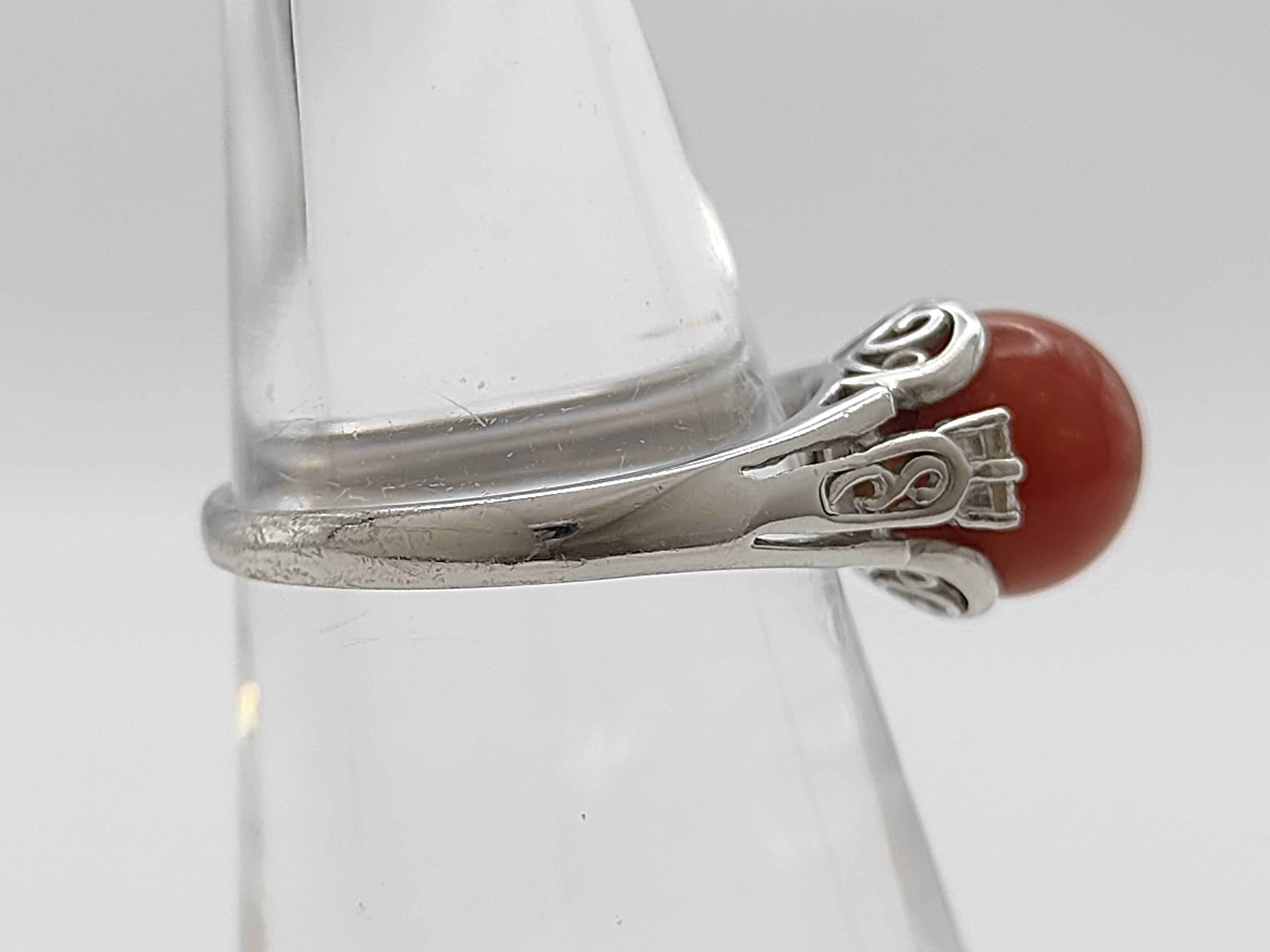 Antique Pt900 0.05ctw Natural Diamond and 8.4mm Red Coral Ring Size 7