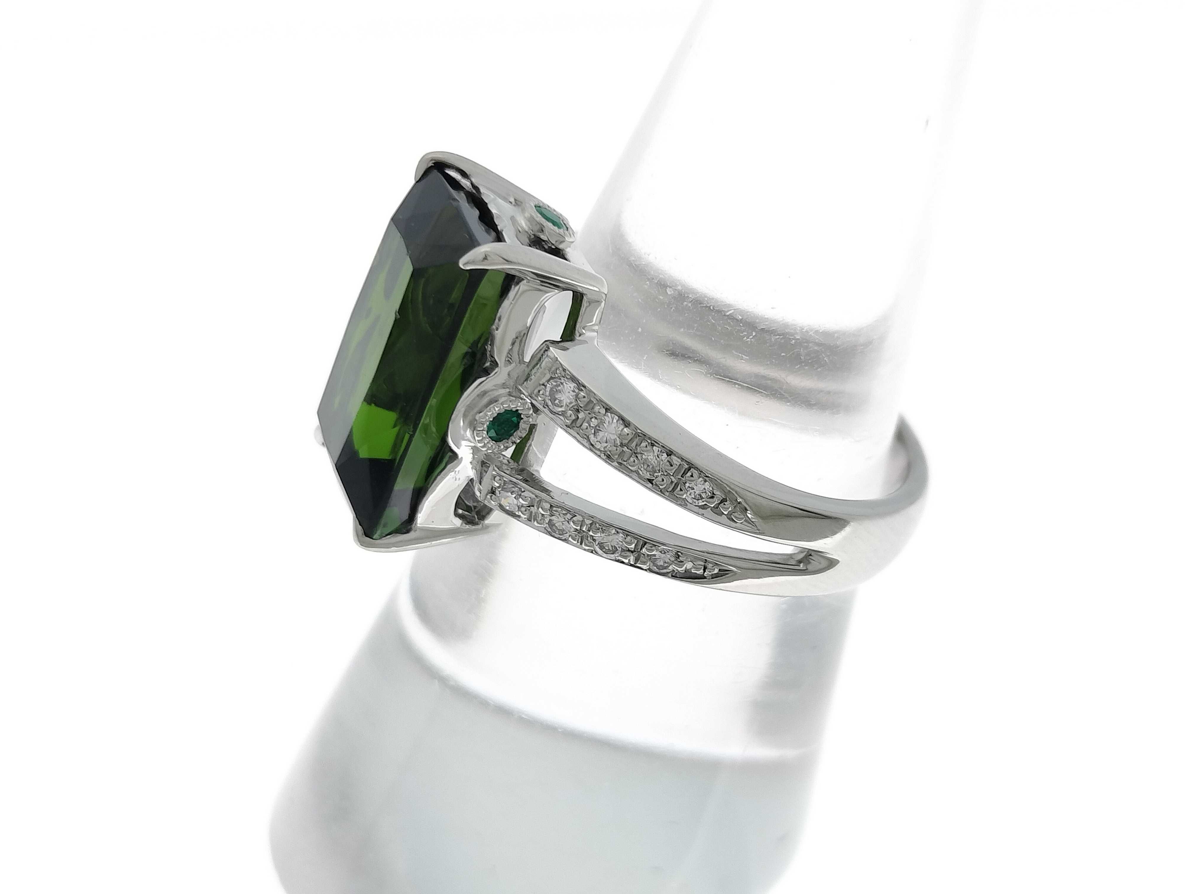 Platinum 6.57ct Green Tourmaline and 0.17ctw Natural Diamond Ring Size 7