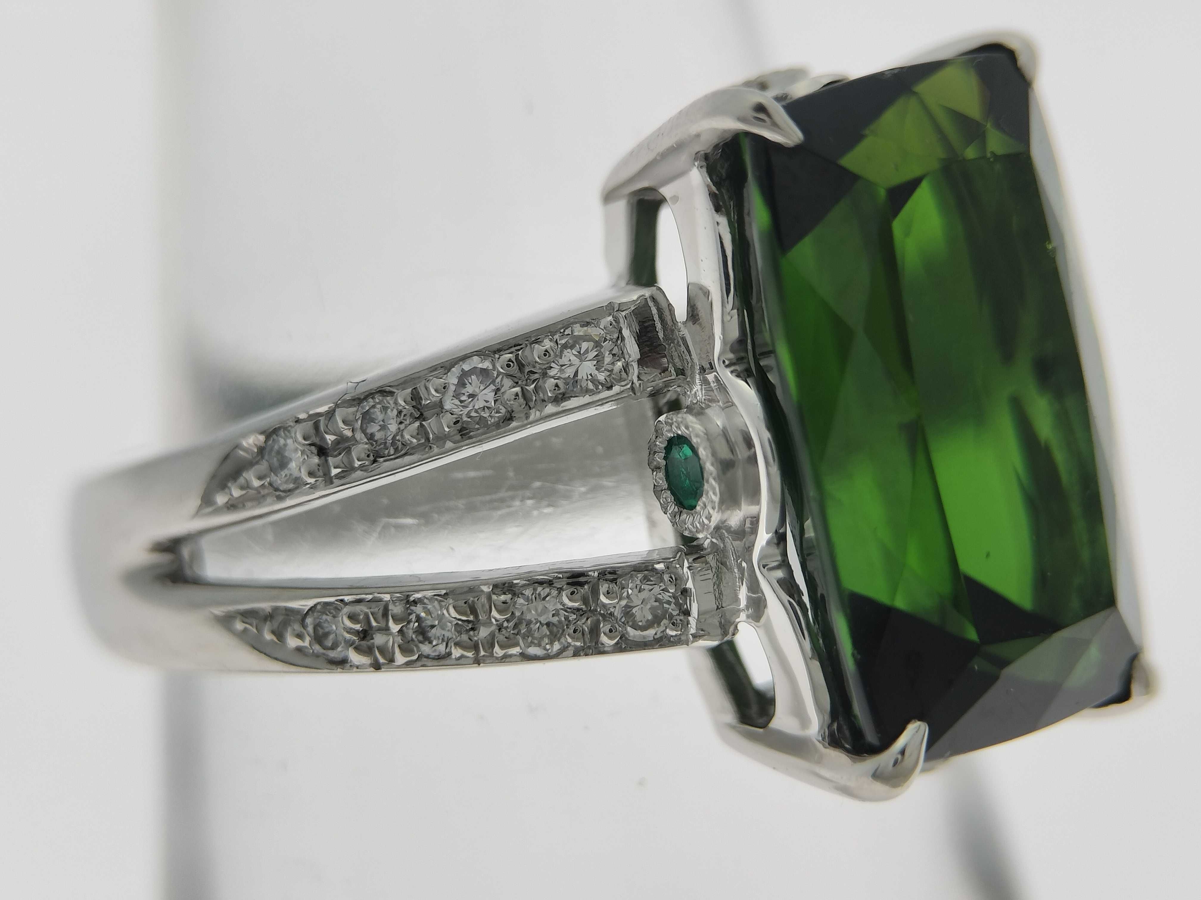Platinum 6.57ct Green Tourmaline and 0.17ctw Natural Diamond Ring Size 7