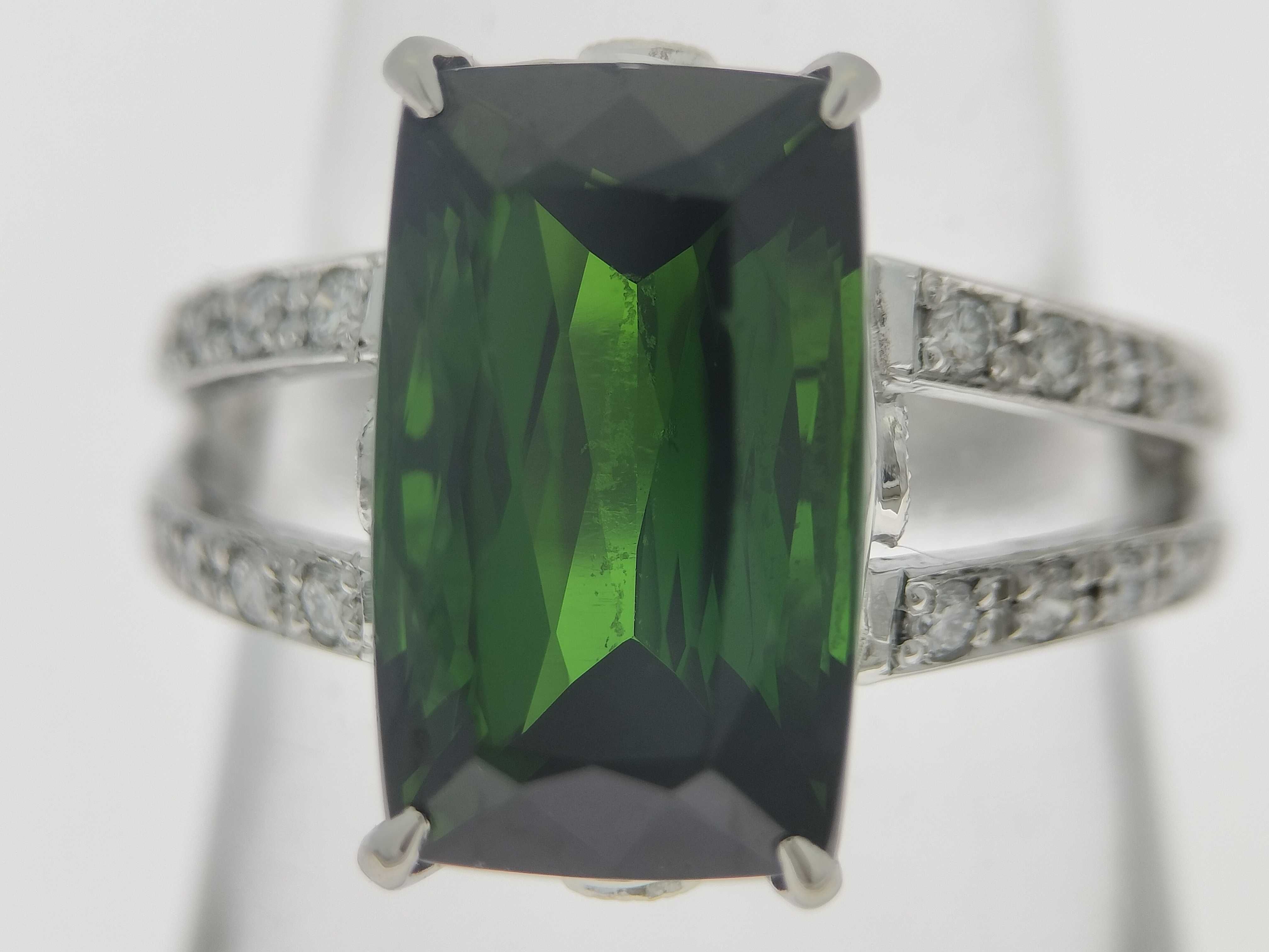 Platinum 6.57ct Green Tourmaline and 0.17ctw Natural Diamond Ring Size 7