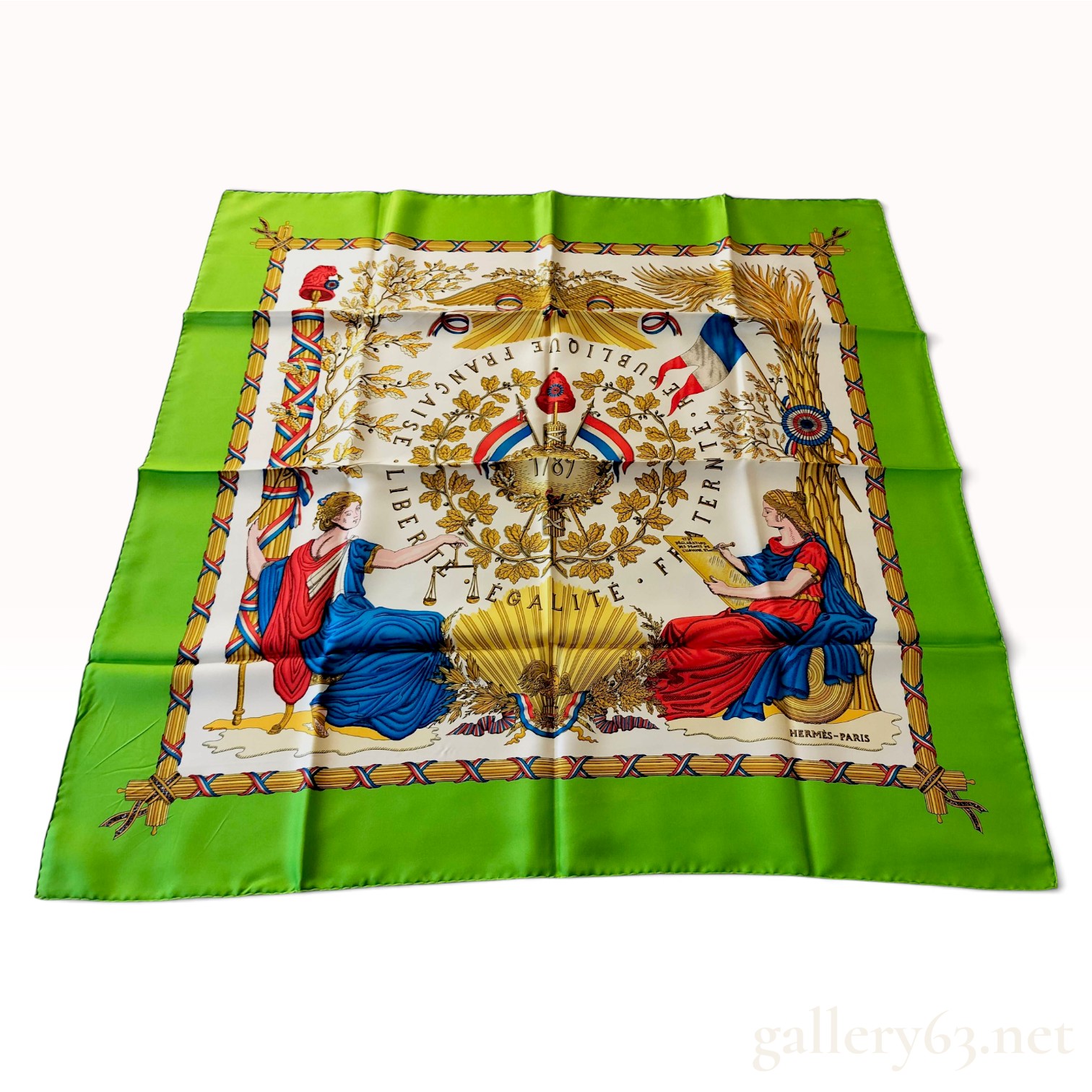 Vintage Hermes Republique Francaise Green Silk Carre 90 with Box