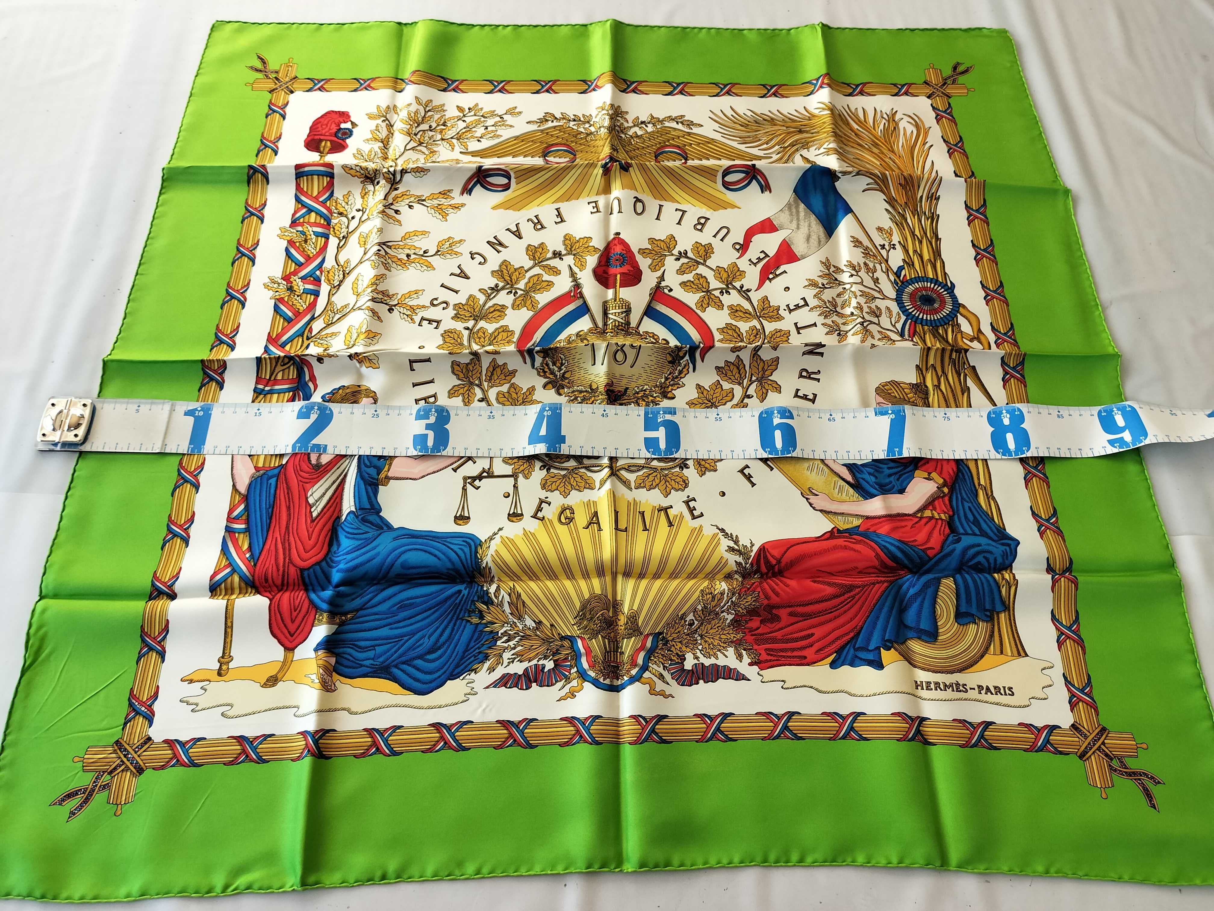 Vintage Hermes Republique Francaise Green Silk Carre 90 with Box
