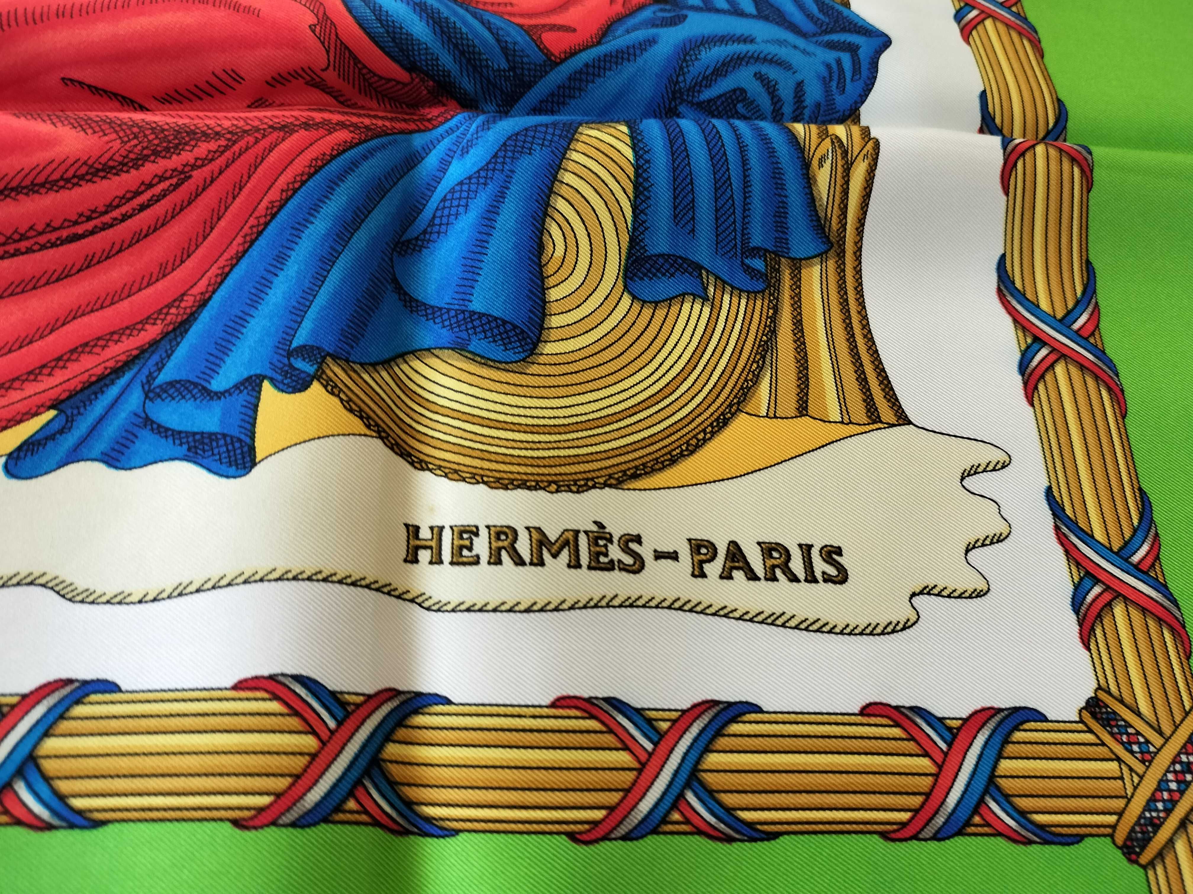 Vintage Hermes Republique Francaise Green Silk Carre 90 with Box