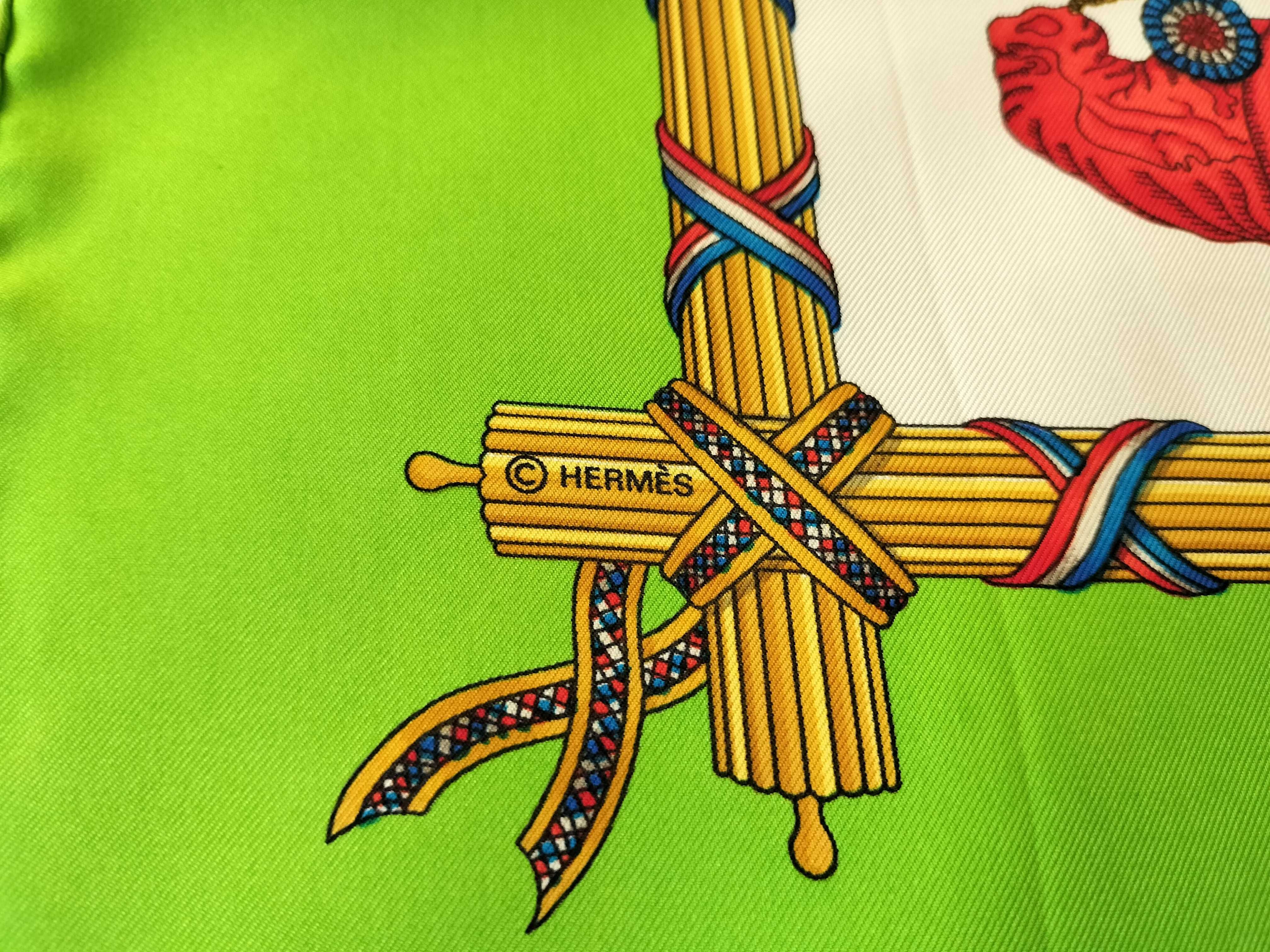 Vintage Hermes Republique Francaise Green Silk Carre 90 with Box