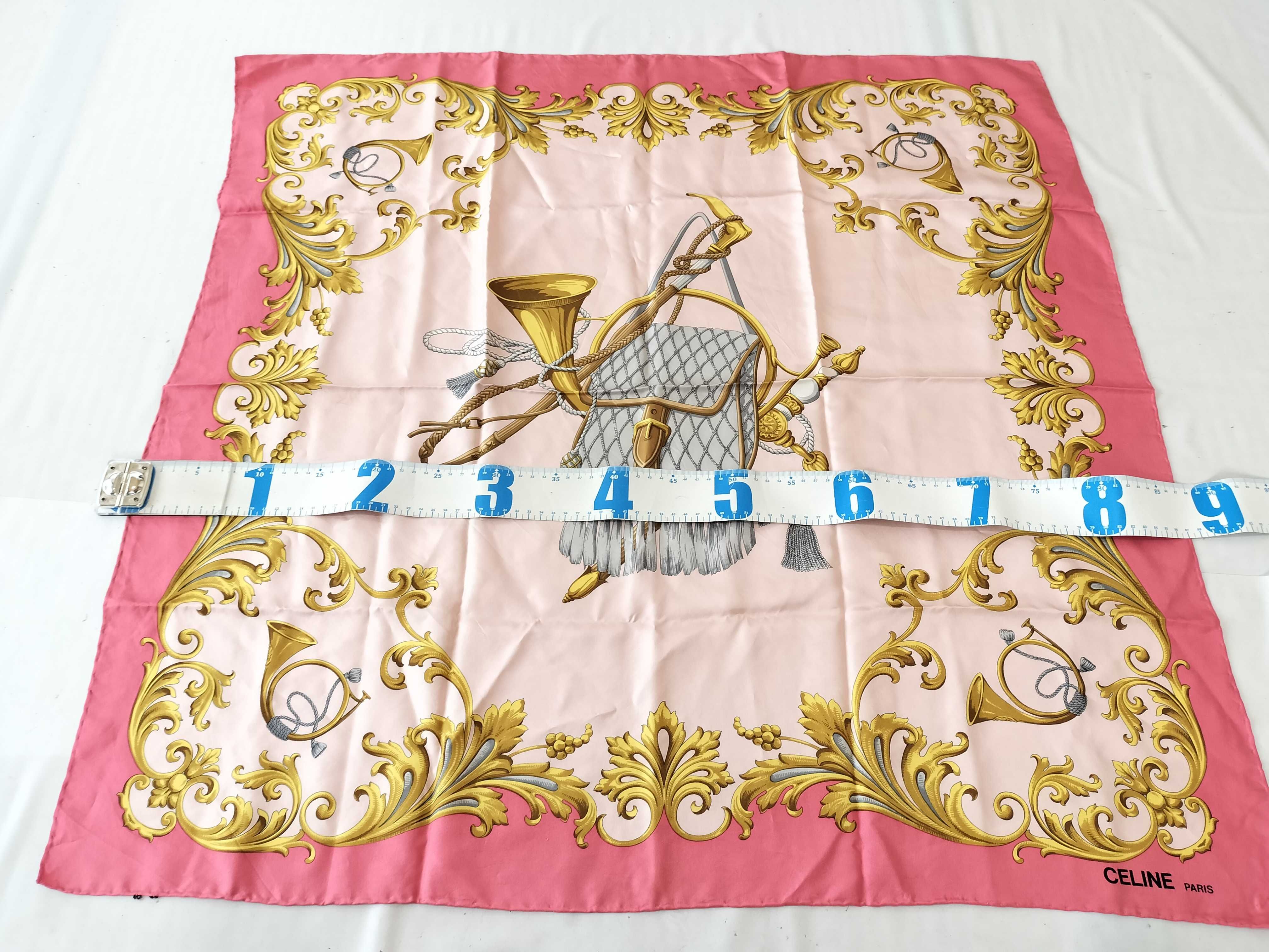 Vintage Celine Hunting Motif Pink Silk Scarf 90 cm