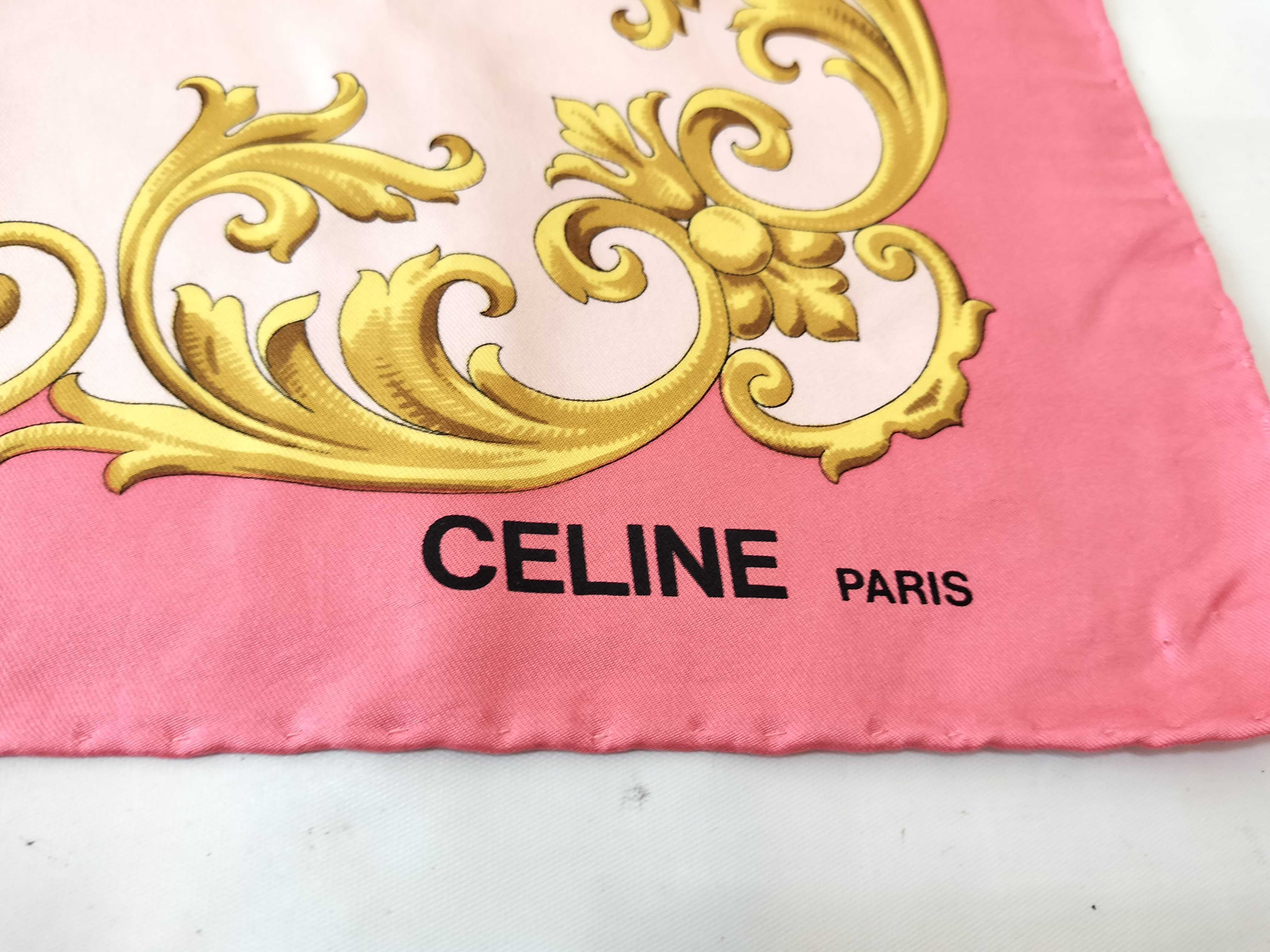 Vintage Celine Hunting Motif Pink Silk Scarf 90 cm