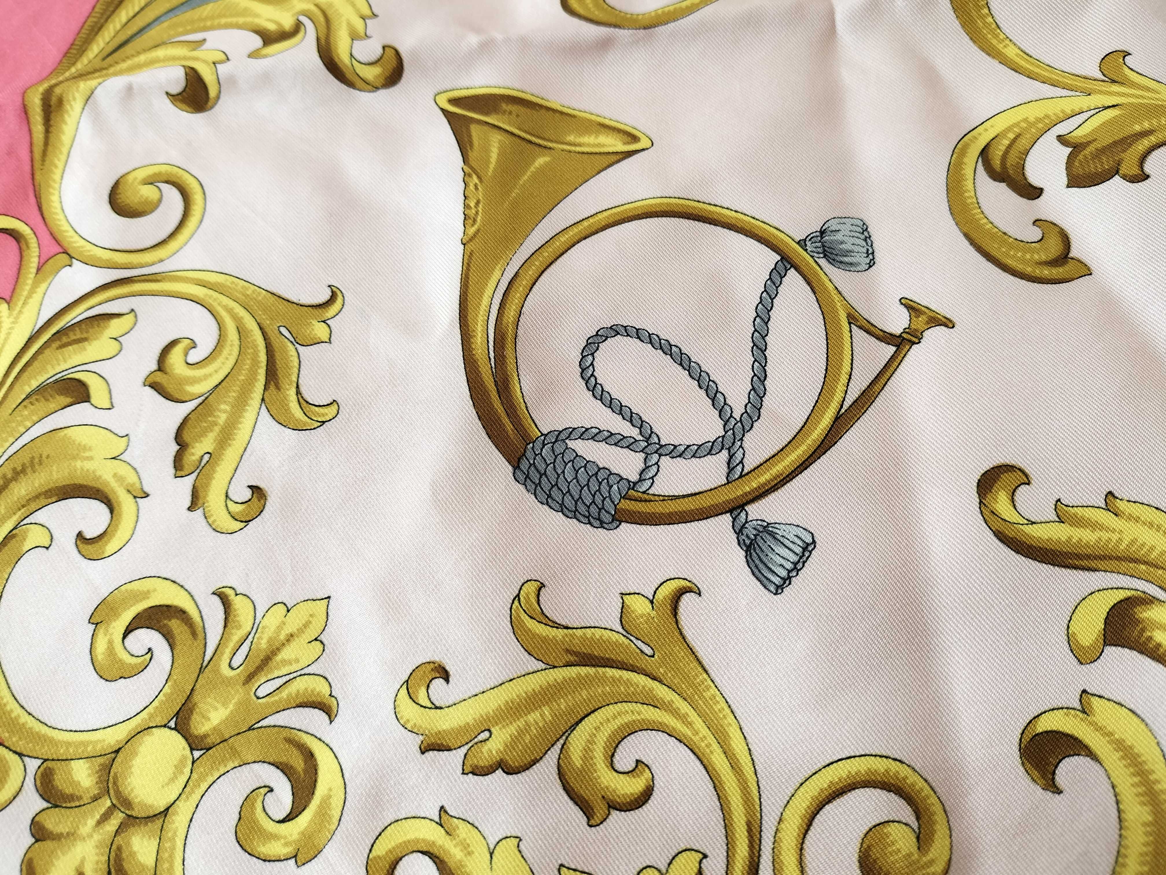 Vintage Celine Hunting Motif Pink Silk Scarf 90 cm