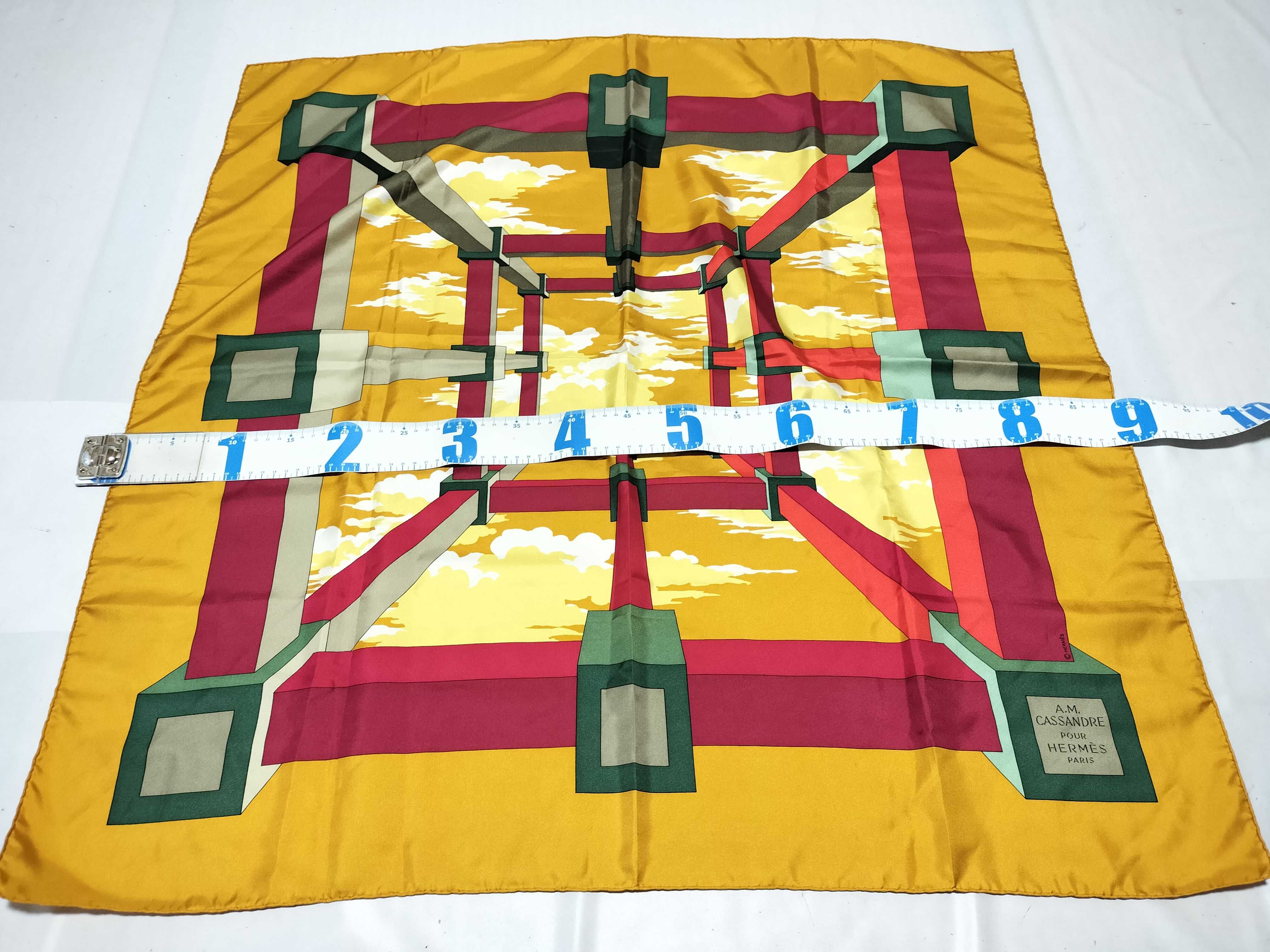 Vintage Hermes Perspective Mustard and Burgundy Silk Carre 90
