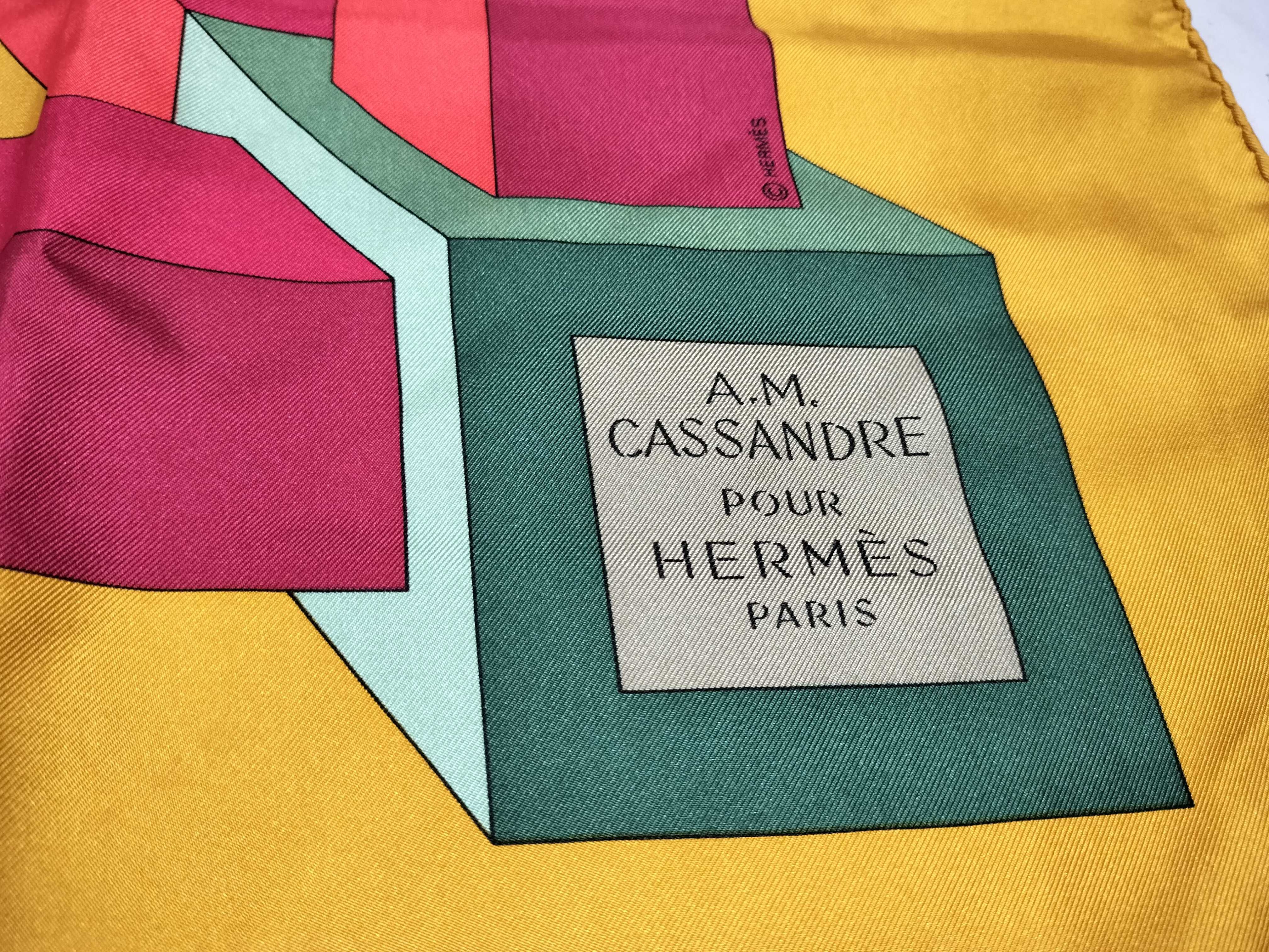 Vintage Hermes Perspective Mustard and Burgundy Silk Carre 90