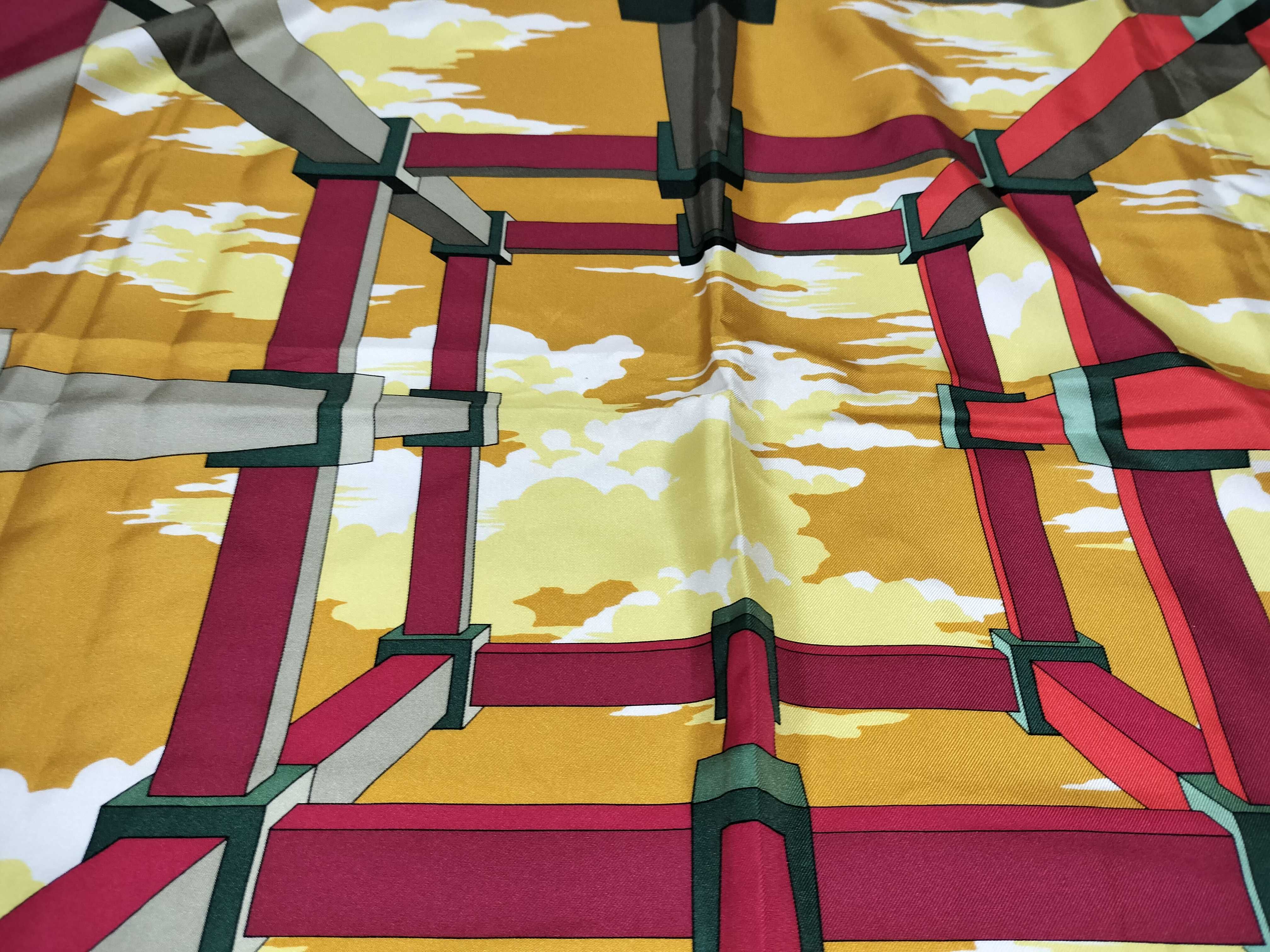 Vintage Hermes Perspective Mustard and Burgundy Silk Carre 90