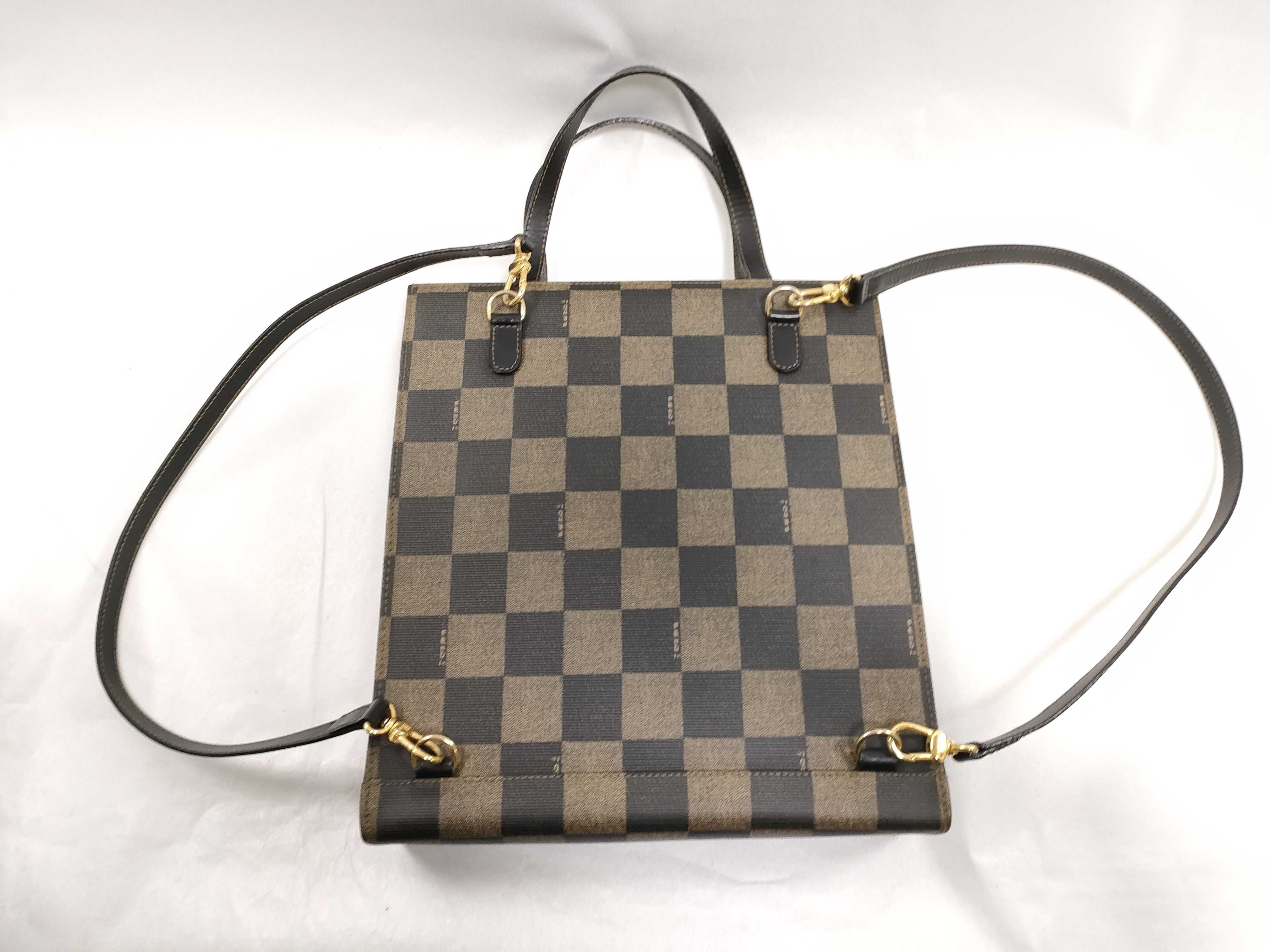 Vintage Fendi Pequin Checkerboard Brown Coated Canvas Convertible Backpack Tote Bag