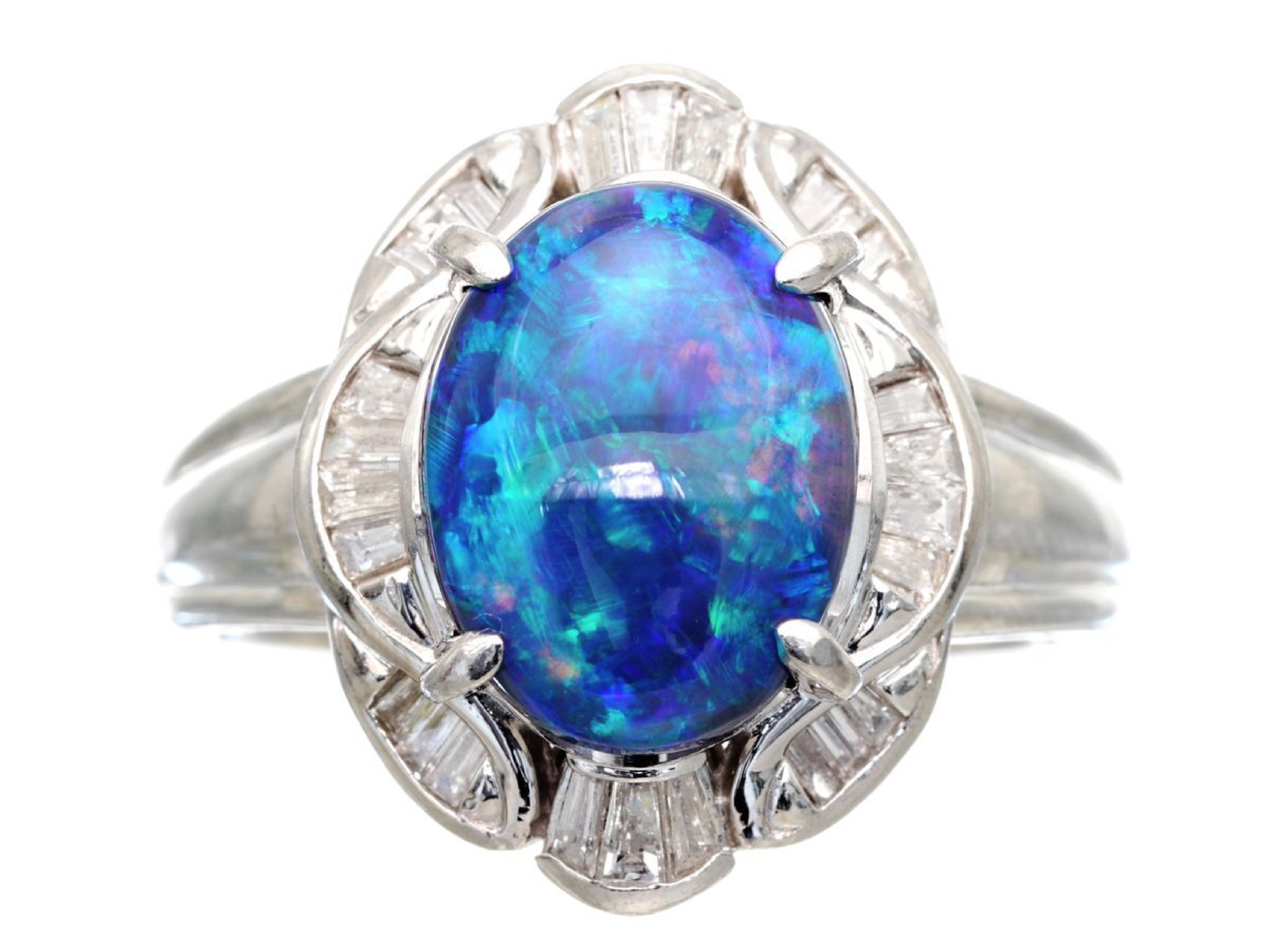 Pt900 3.49ct Natural Black Opal and 0.32ctw Natural Diamond Ballerina Ring W/Certificate