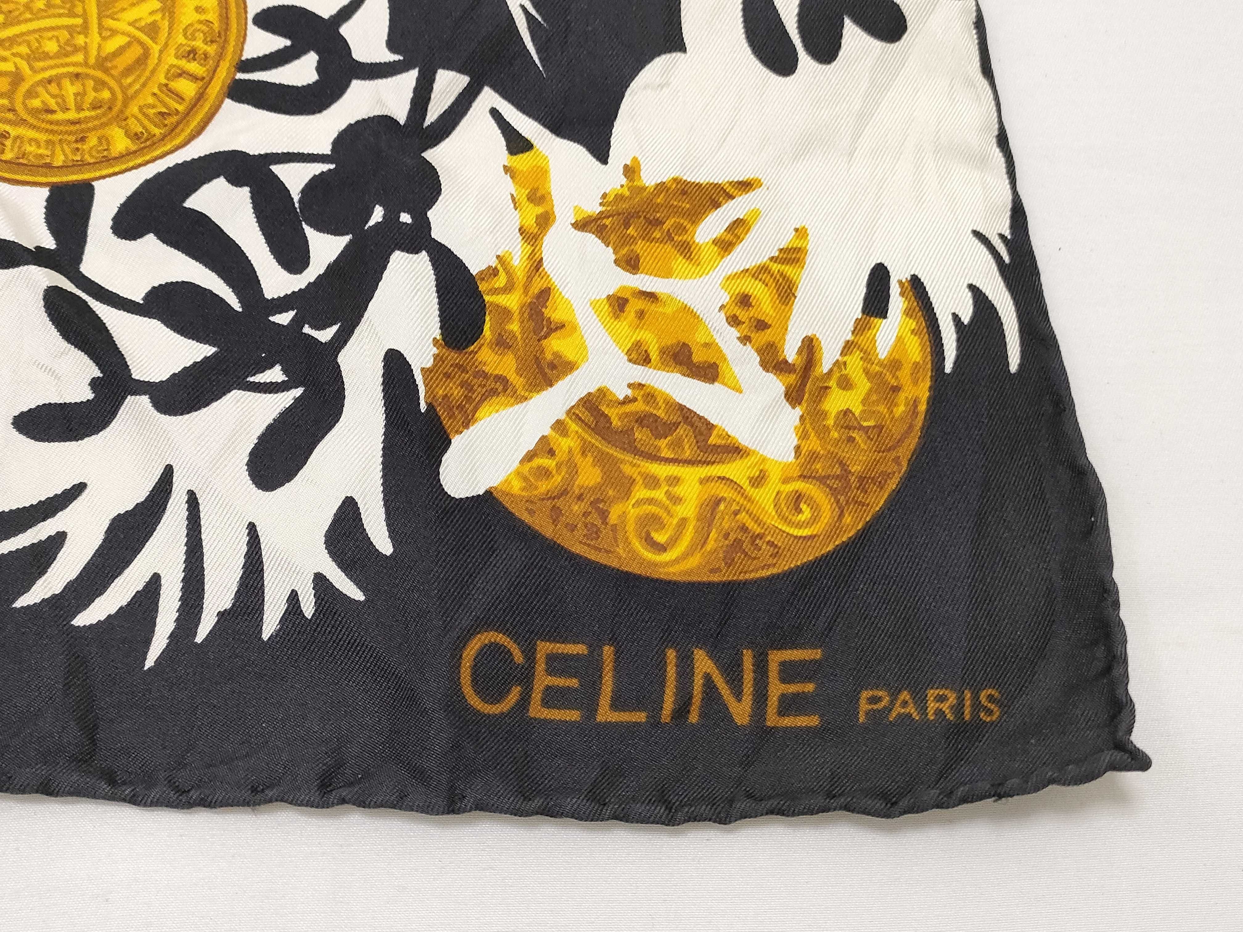 Vintage Celine Floral and Medallion Black and White Silk Scarf 90 cm