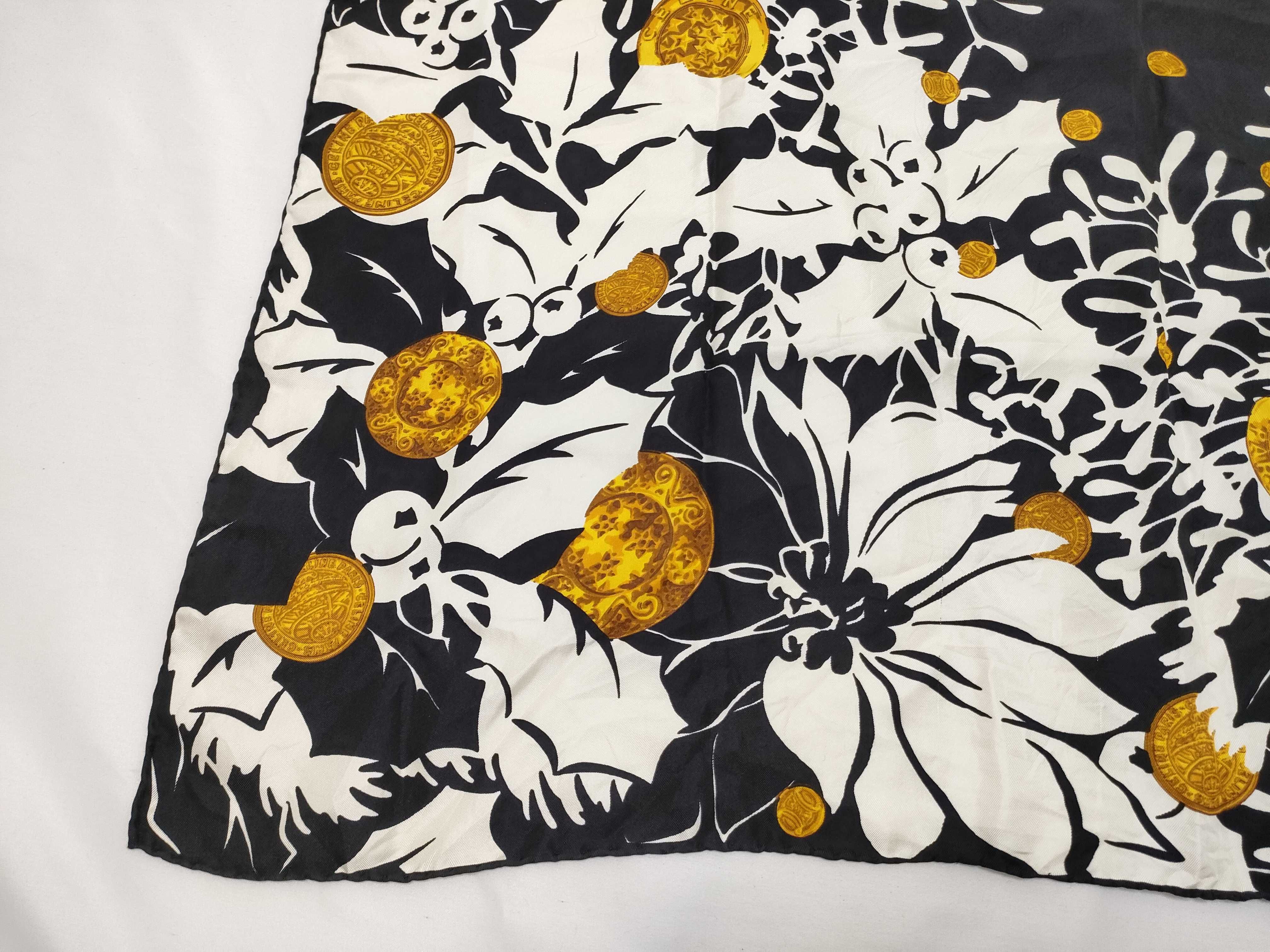 Vintage Celine Floral and Medallion Black and White Silk Scarf 90 cm