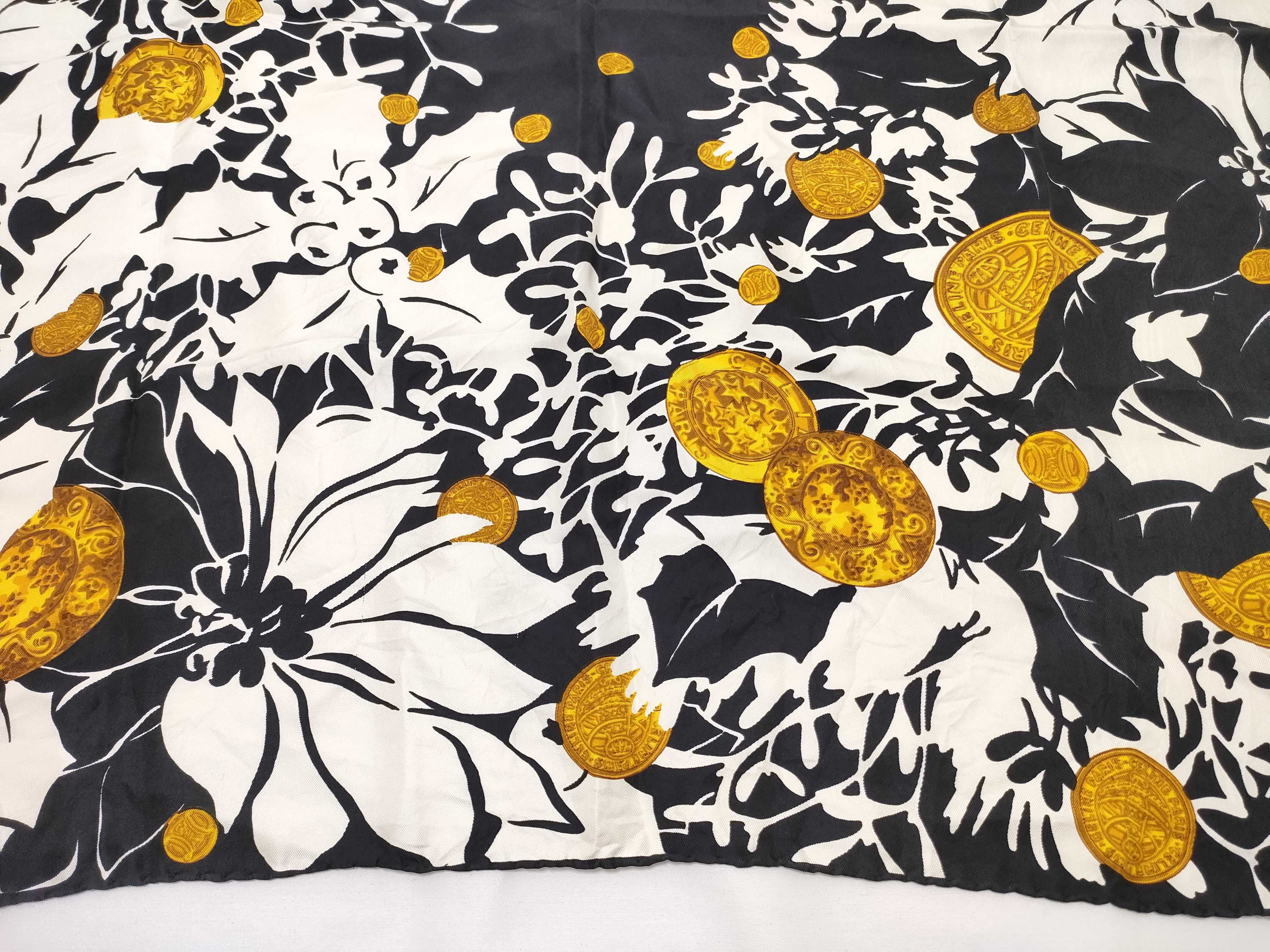 Vintage Celine Floral and Medallion Black and White Silk Scarf 90 cm
