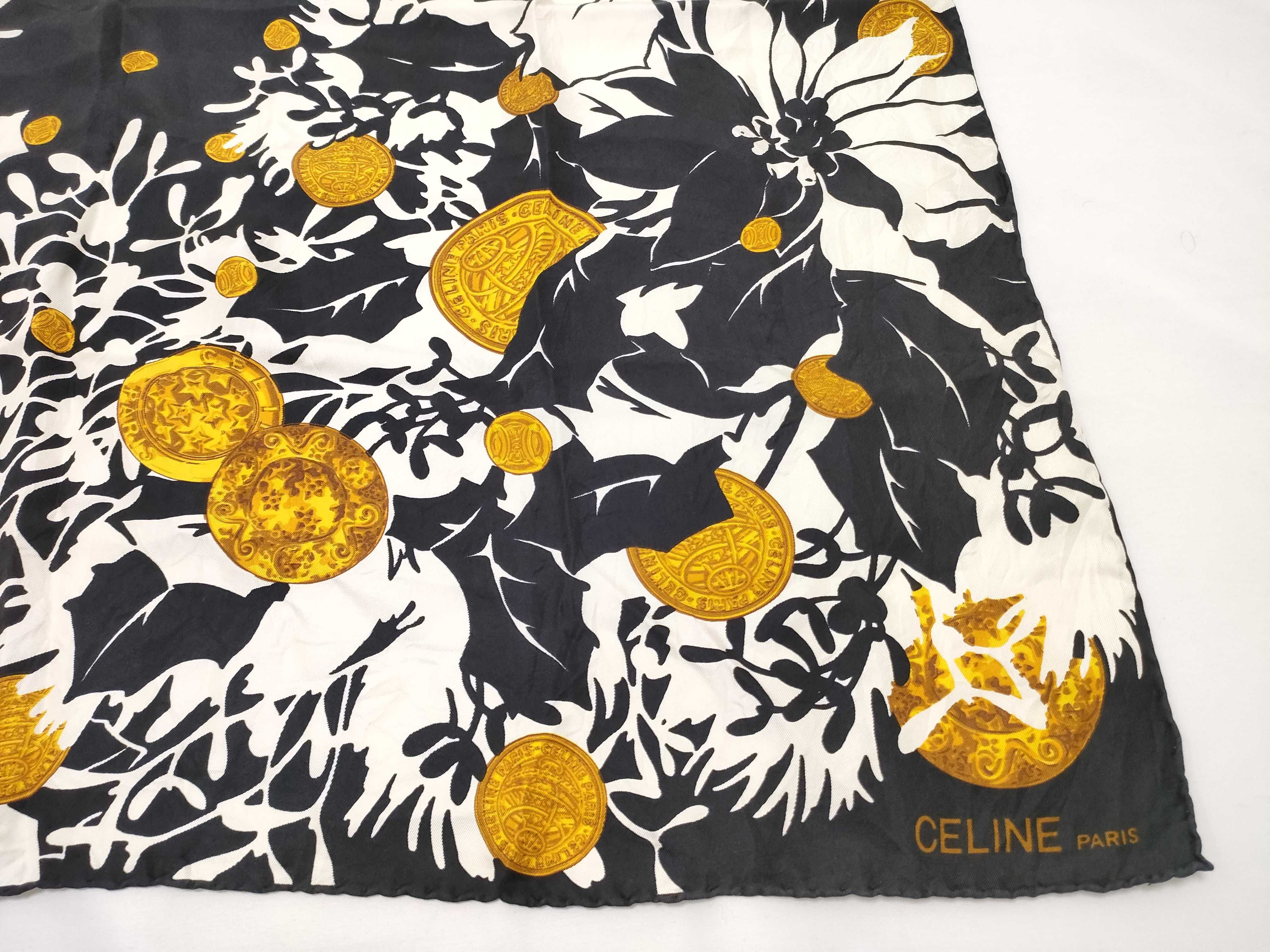 Vintage Celine Floral and Medallion Black and White Silk Scarf 90 cm