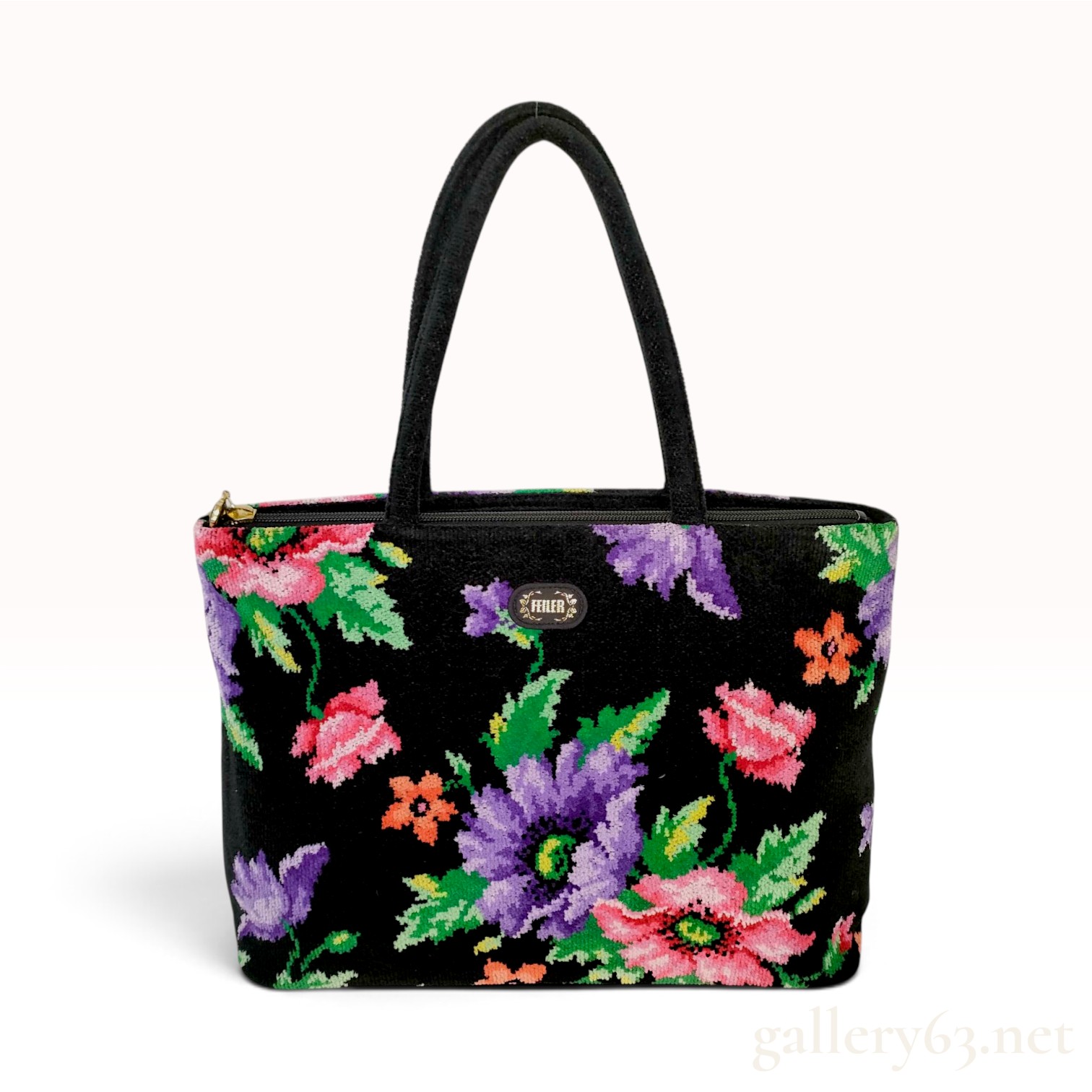 Feiler Floral Pattern Black Chenille Zip-Top Tote Bag